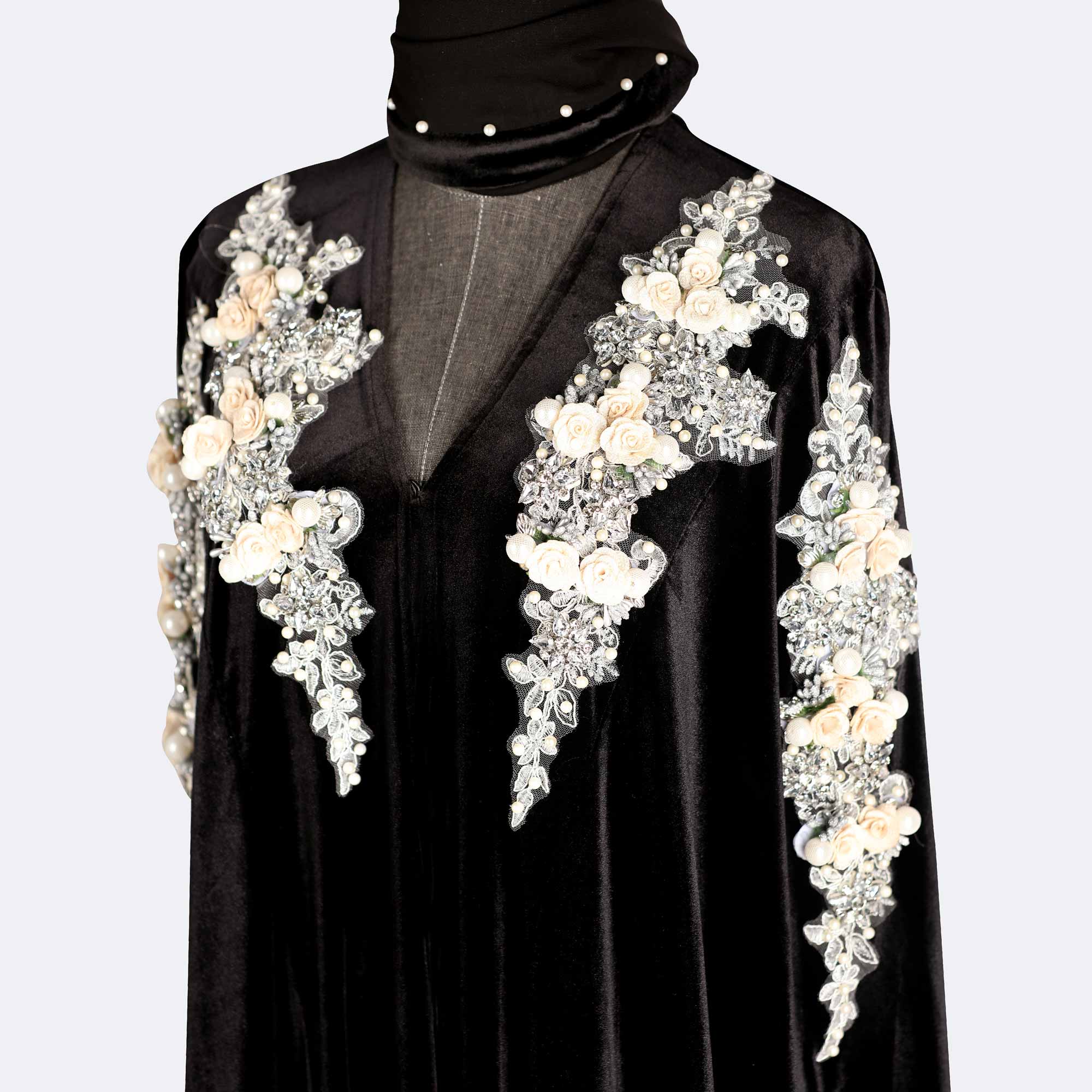 Floral Design Velvet Abaya
