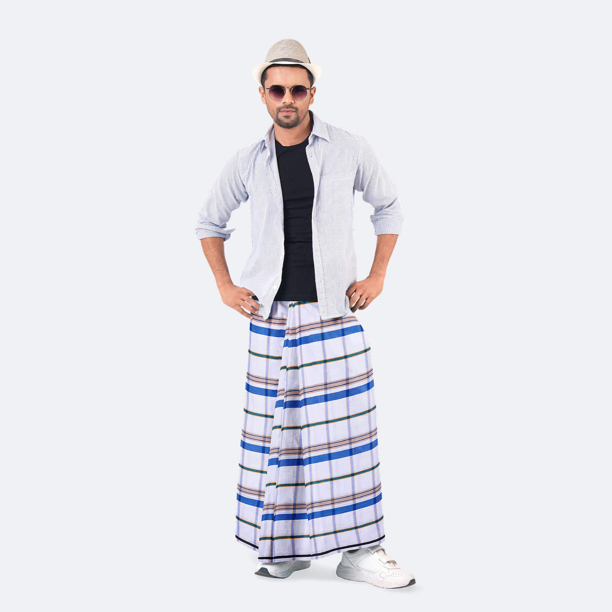 White & Blue Striped Lungi - Adorsho