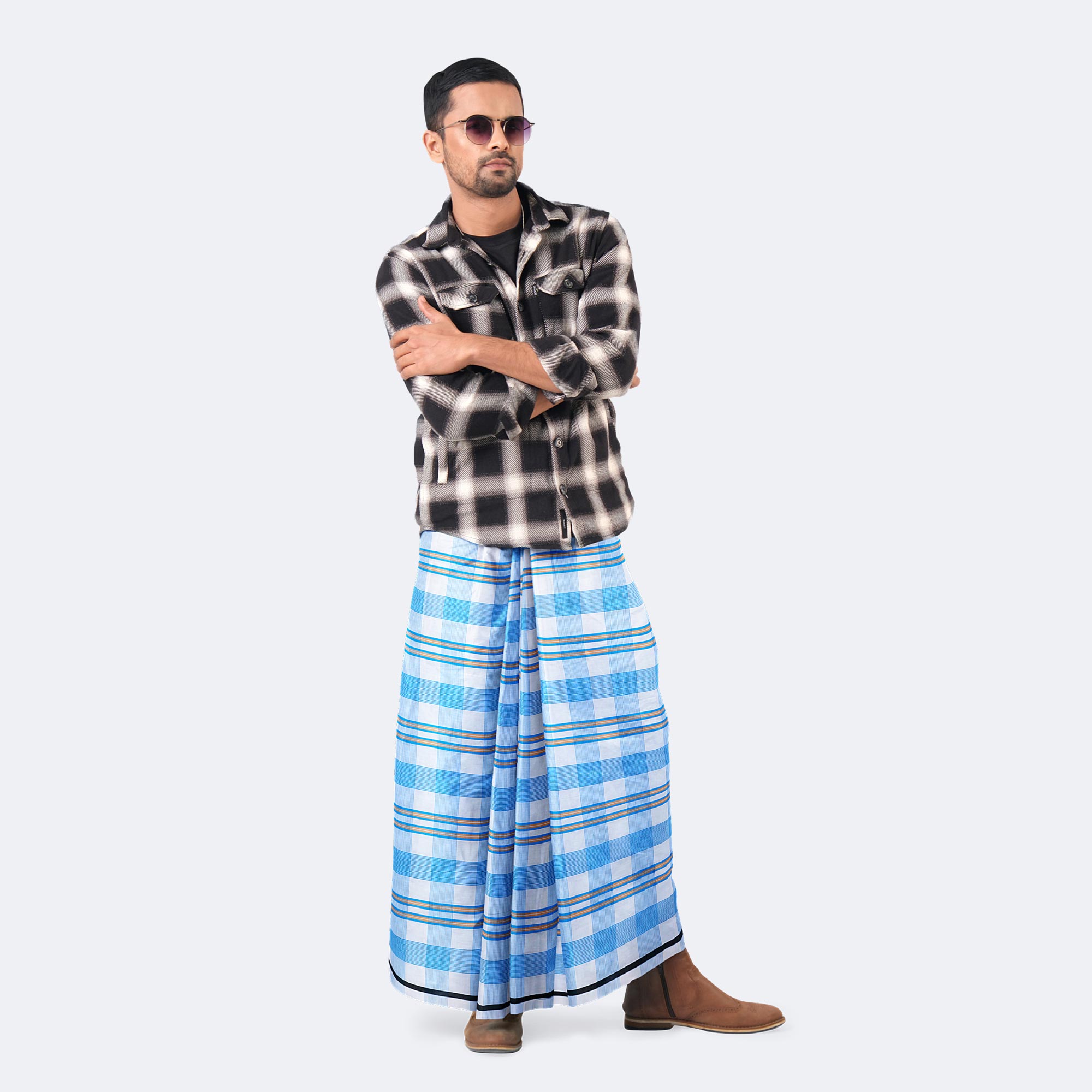 White & Blue color Check Cotton Lungi