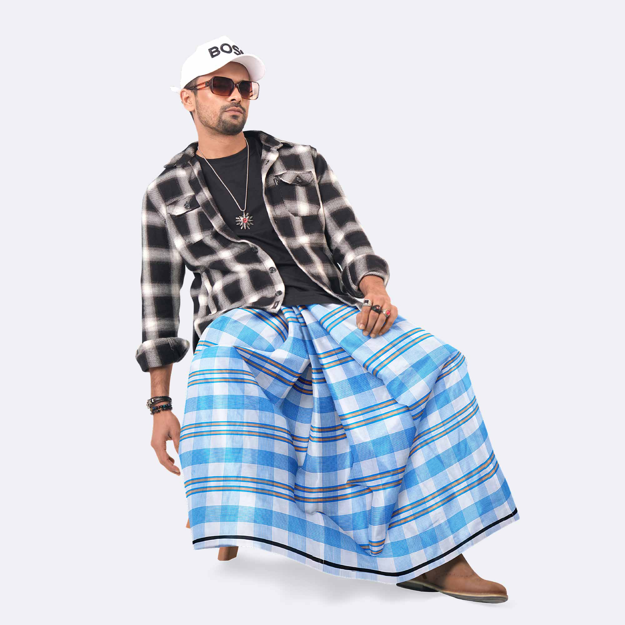White & Blue color Check Cotton Lungi