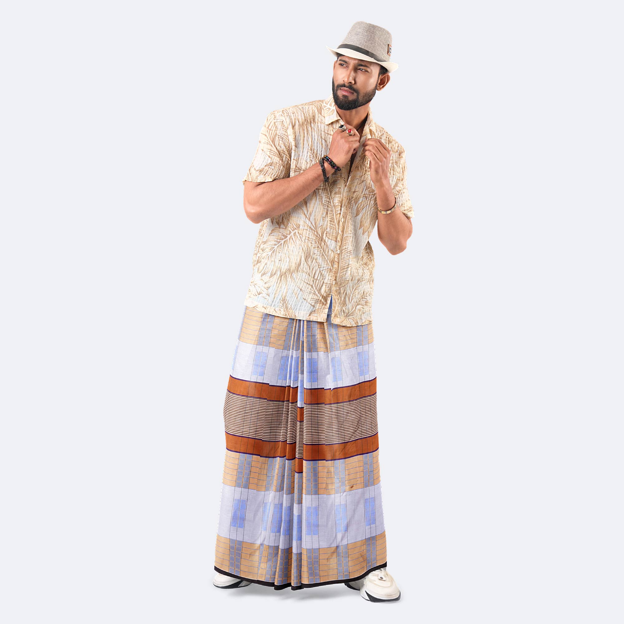 Light Brown & Gray 100% Cotton Lungi - Beautiful