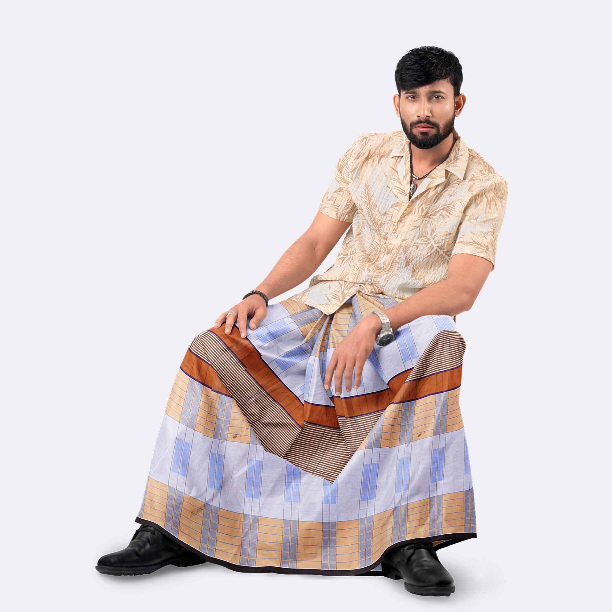 Light Brown & Gray 100% Cotton Lungi - Beautiful