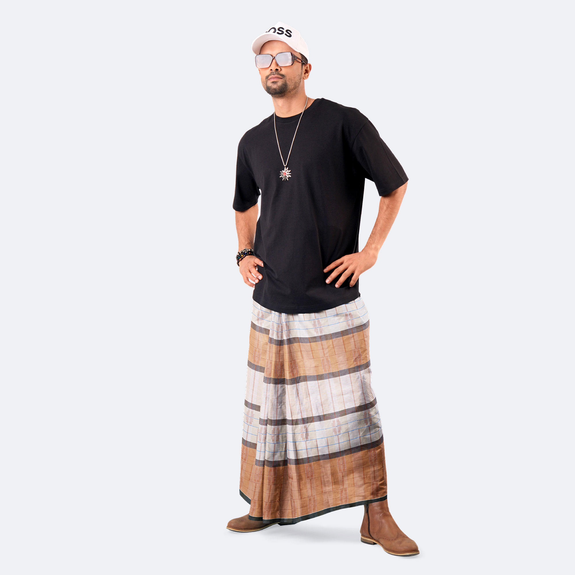 Off White & Brown 100% Cotton Lungi - Beautiful