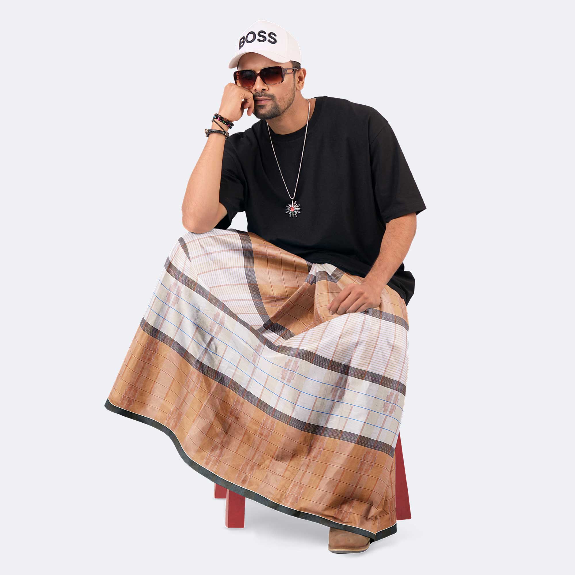 Off White & Brown 100% Cotton Lungi - Beautiful