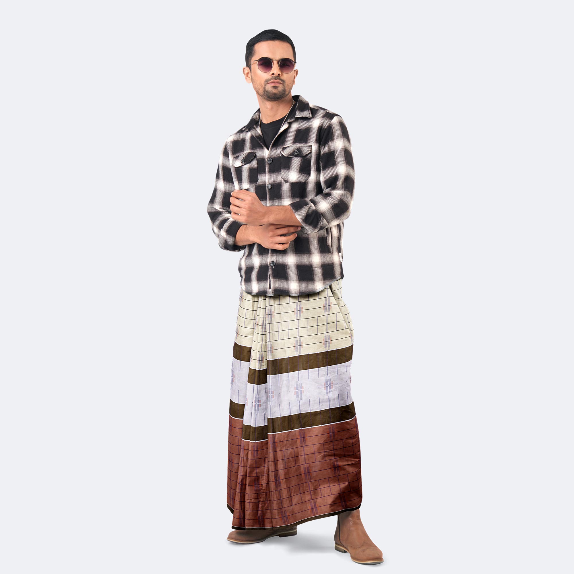 Reddish Brown & Gray color 100% Cotton Lungi - Beautiful