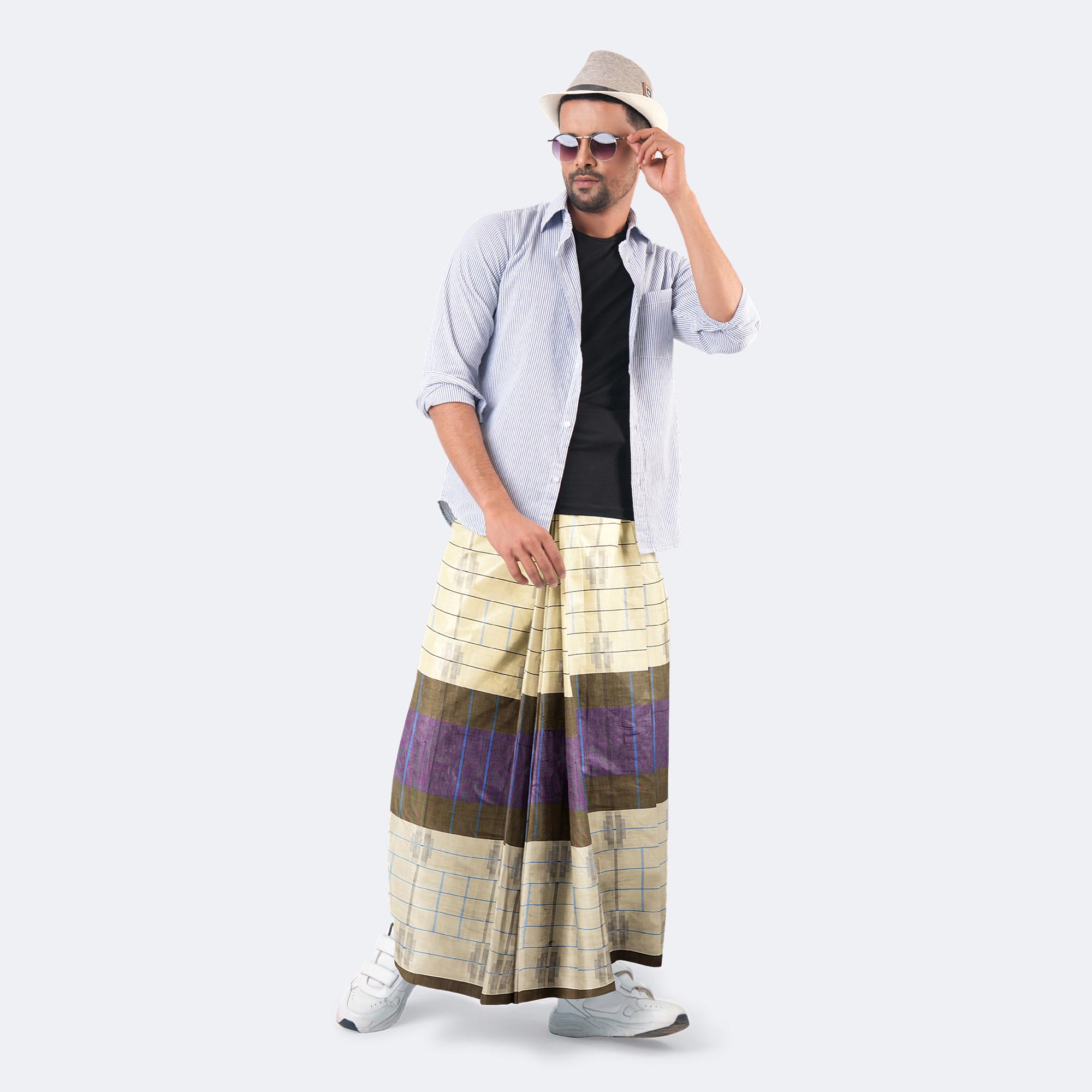 Pale Yellow & Purple Color 100%  Cotton Lungi - Beautiful