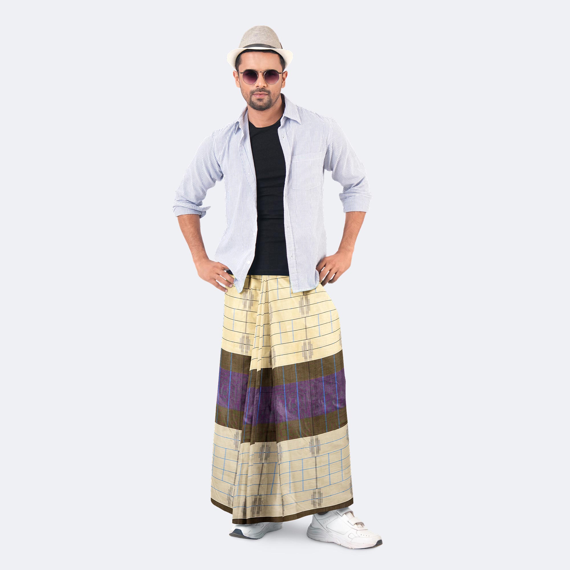 Pale Yellow & Purple Color 100%  Cotton Lungi - Beautiful