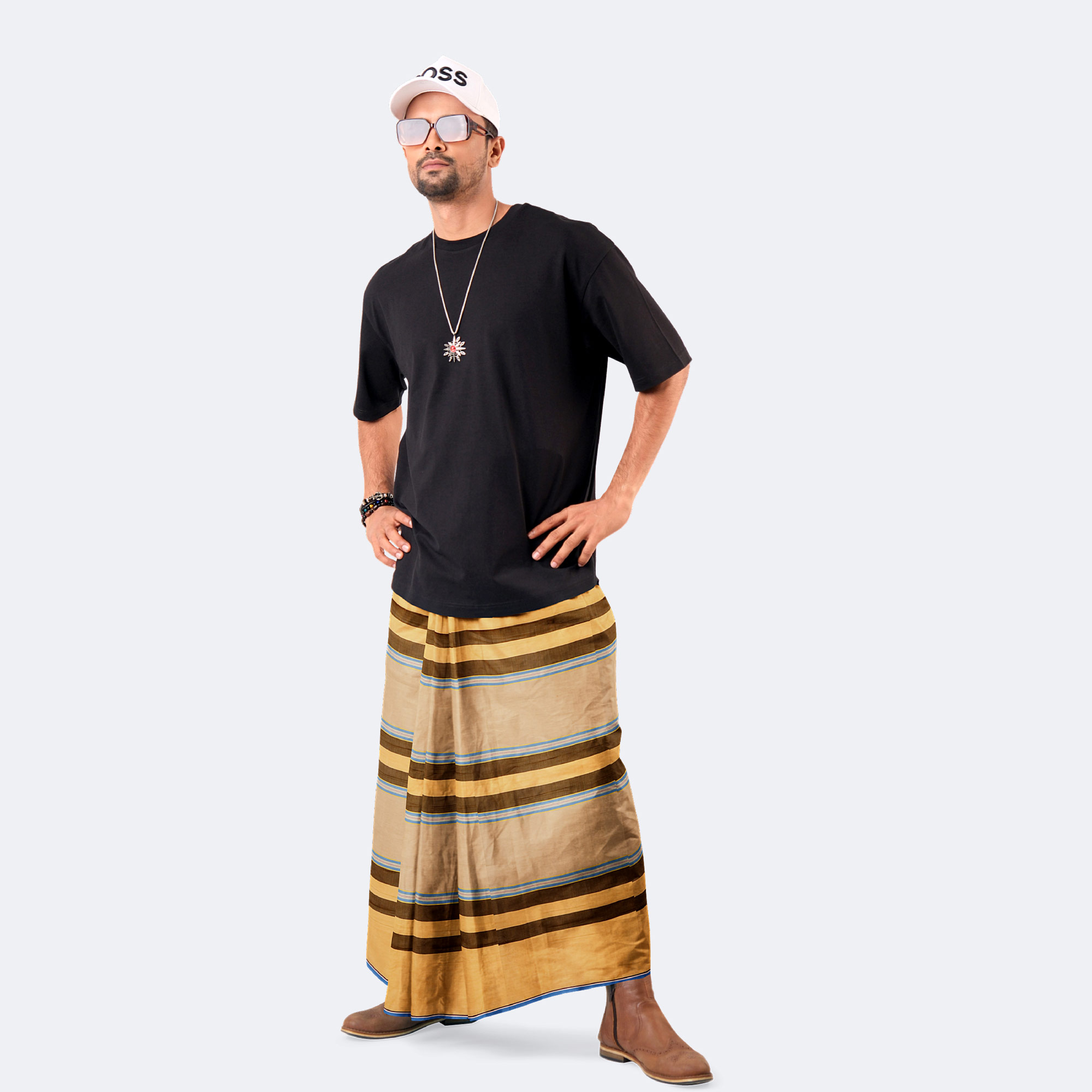 Orange Color Stripe & Check Lungi - Bikkhato
