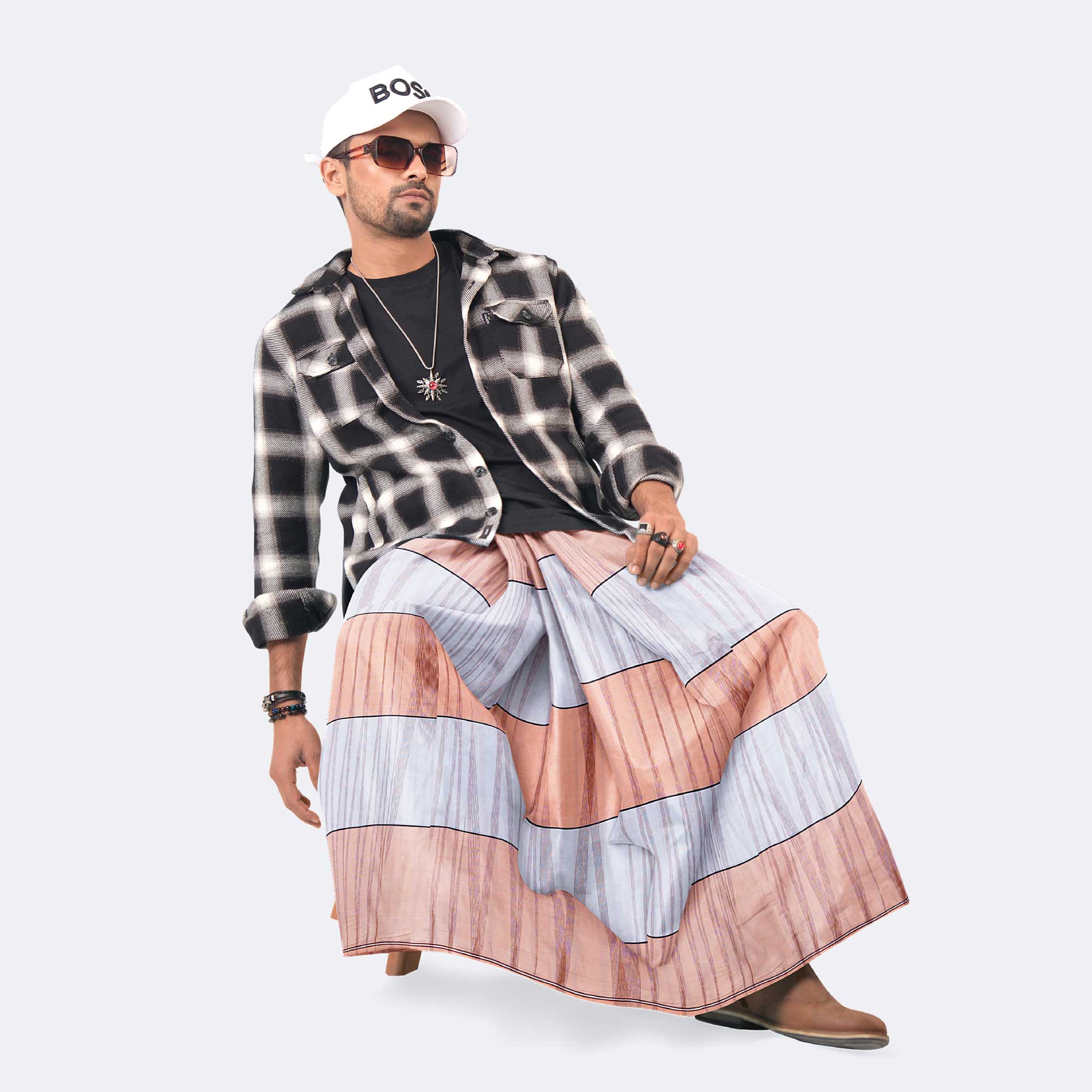 Peach Silver Stripe Lungi - Borno Mala