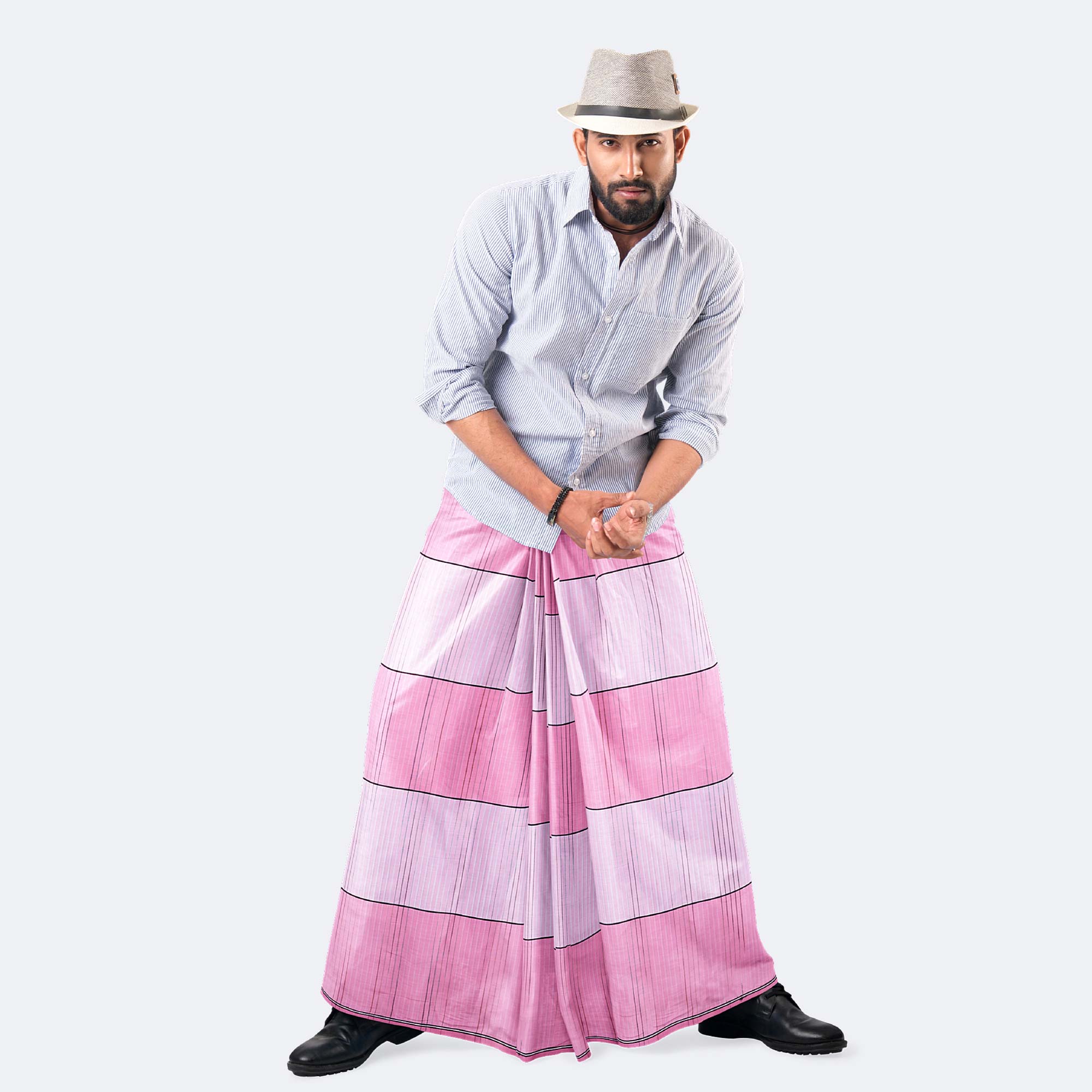 Light Pink Border Lungi - Borno Mala