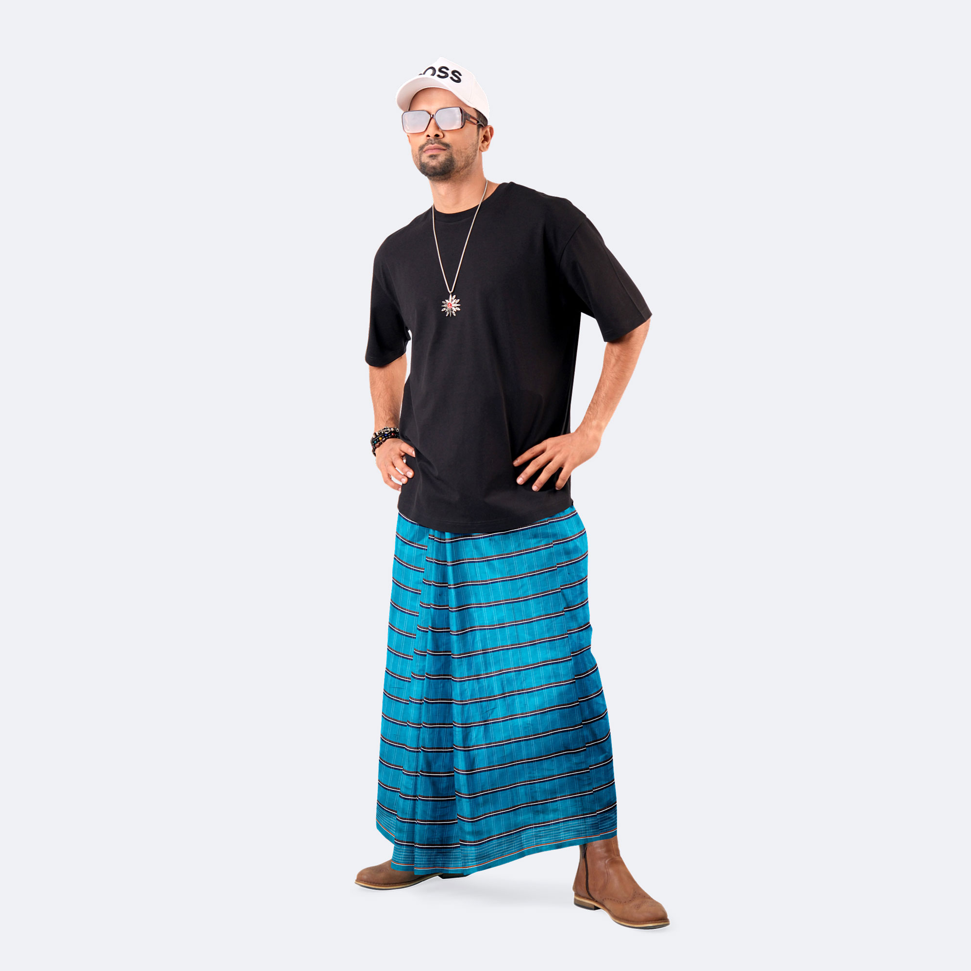 Beige Blue Border Lungi - Borno Mala