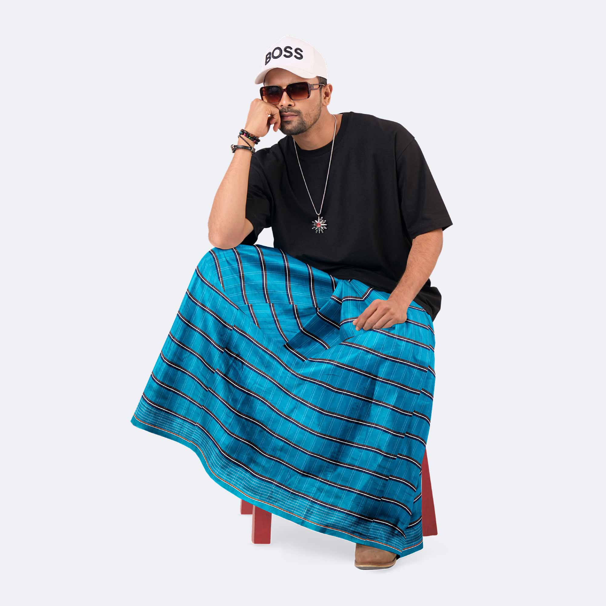 Beige Blue Border Lungi - Borno Mala