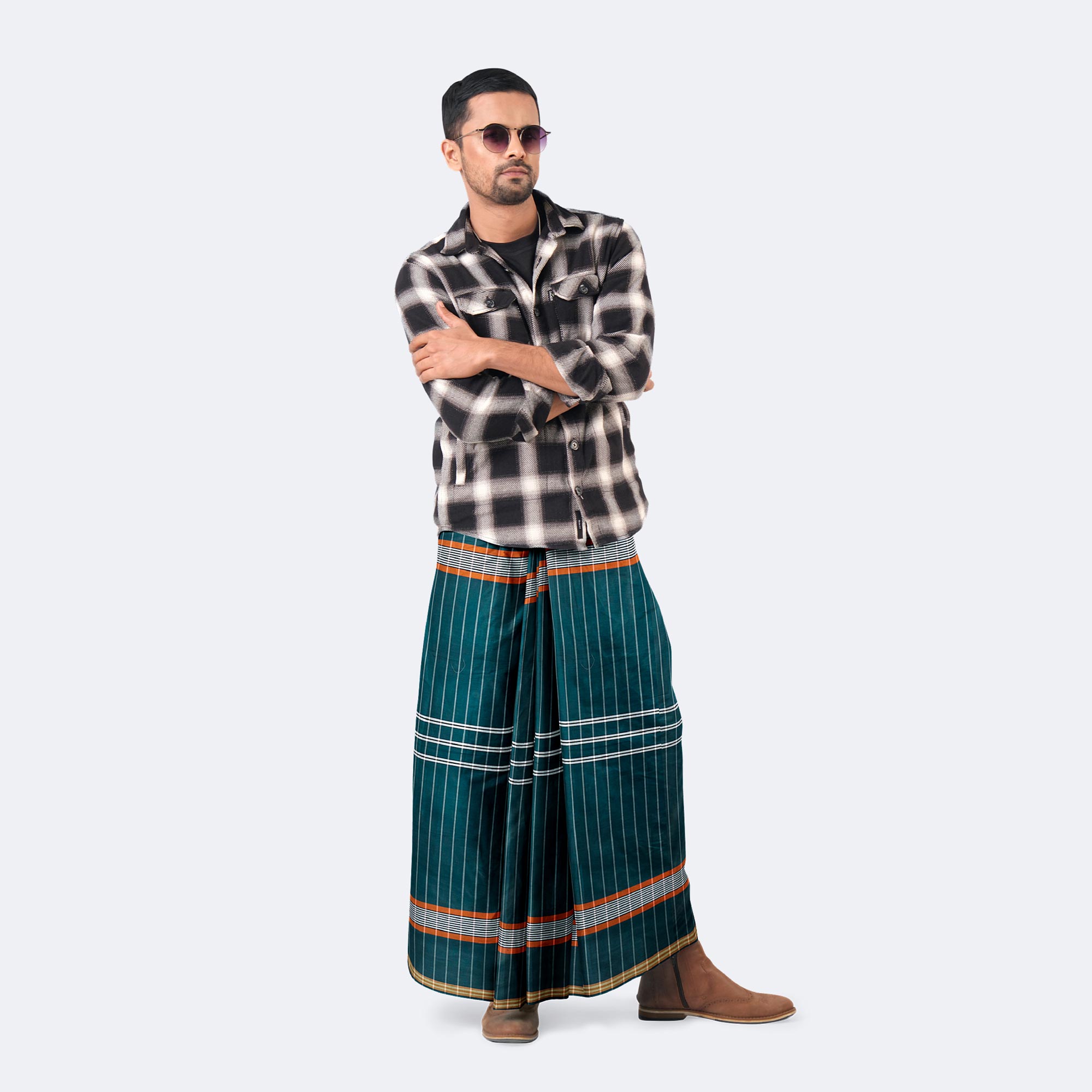 Green Color Stripe & Check Lungi - Crown