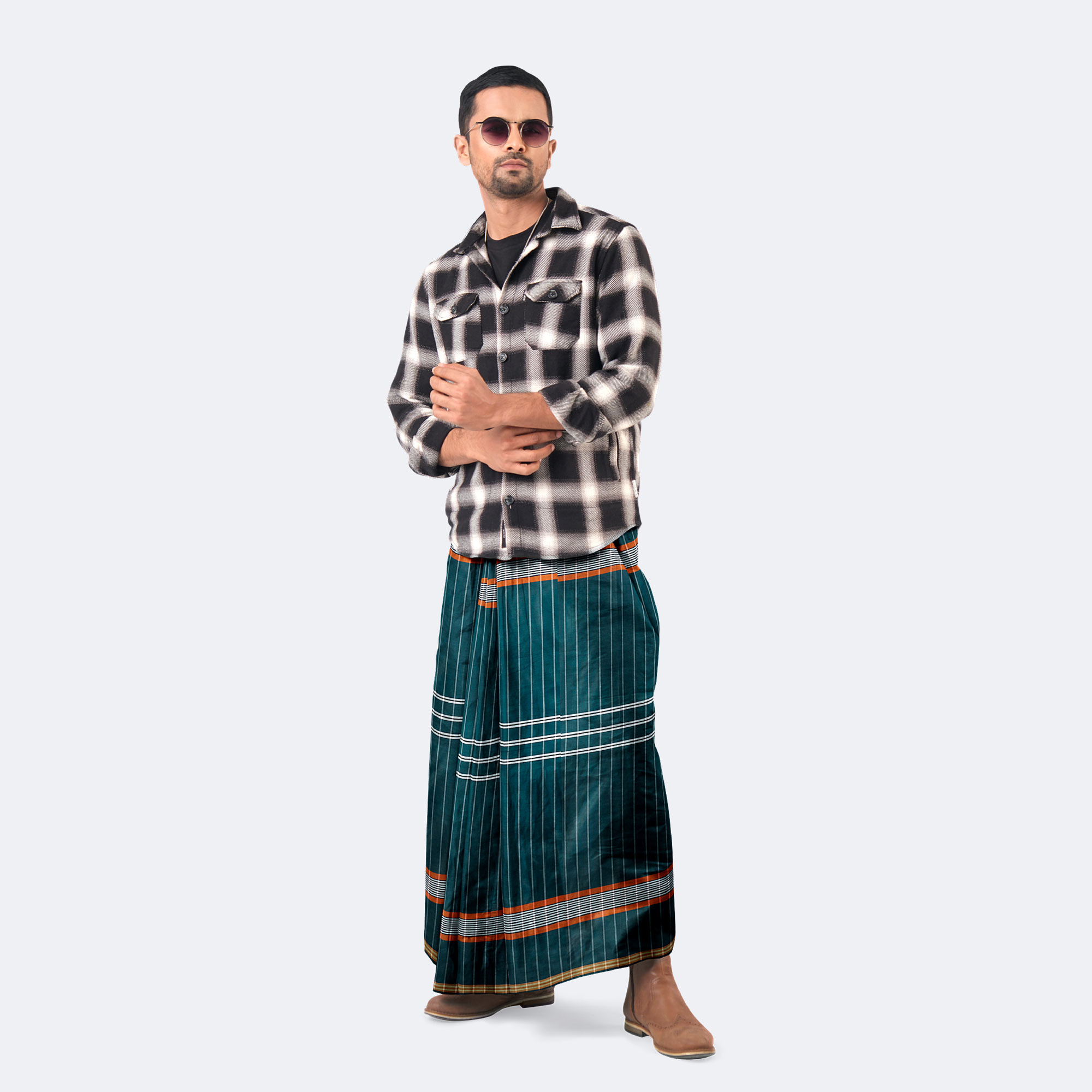 Green Color Stripe & Check Lungi - Crown
