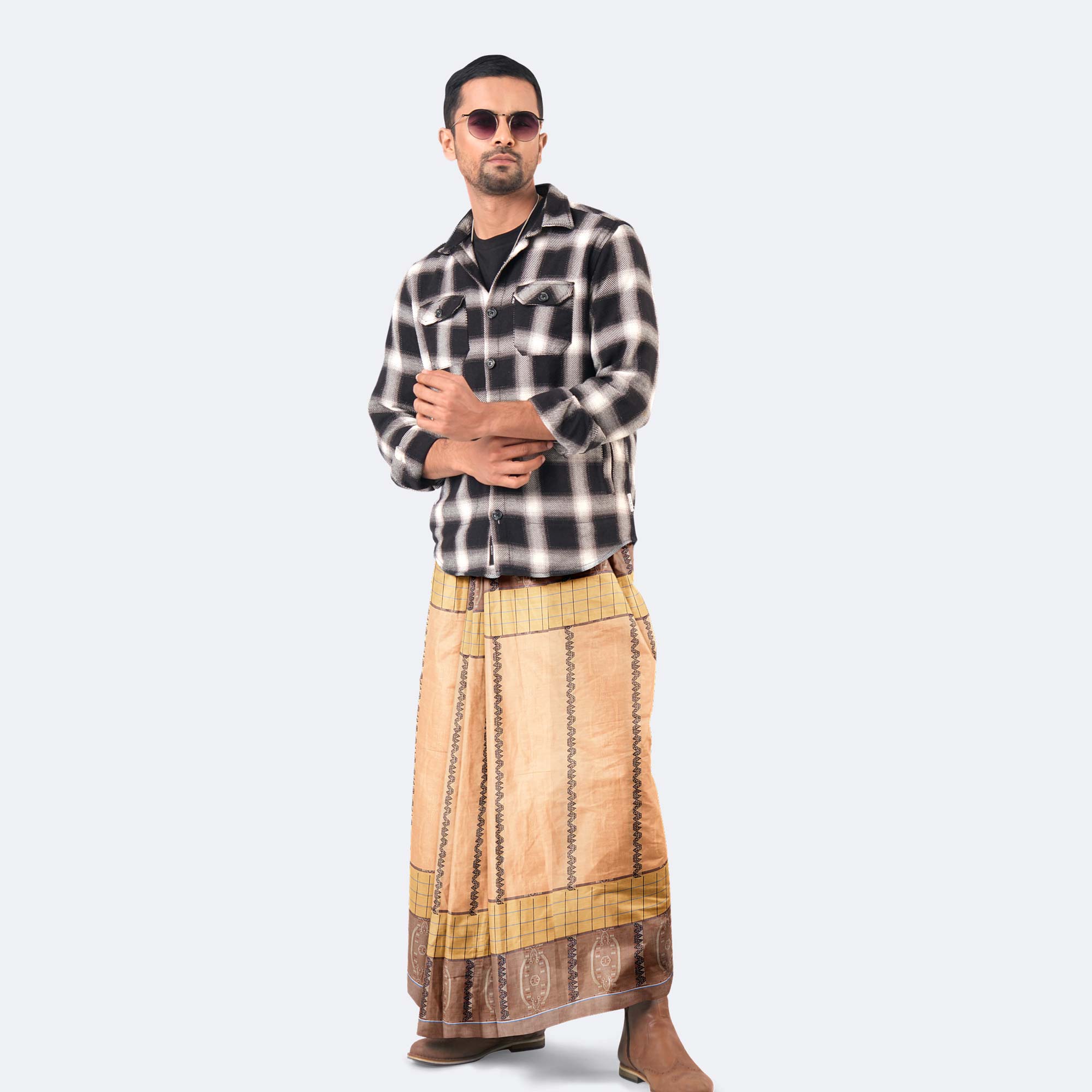 Light Apricot Dobby Design Cotton Lungi - Excellent