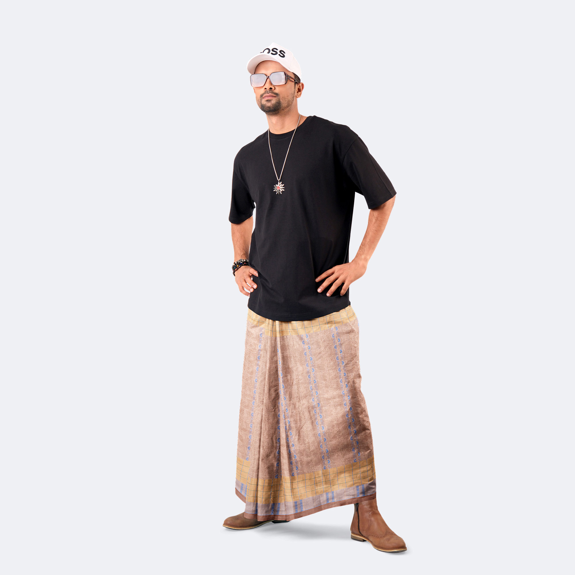 Light Peach Dobby Design Cotton Lungi - Excellent