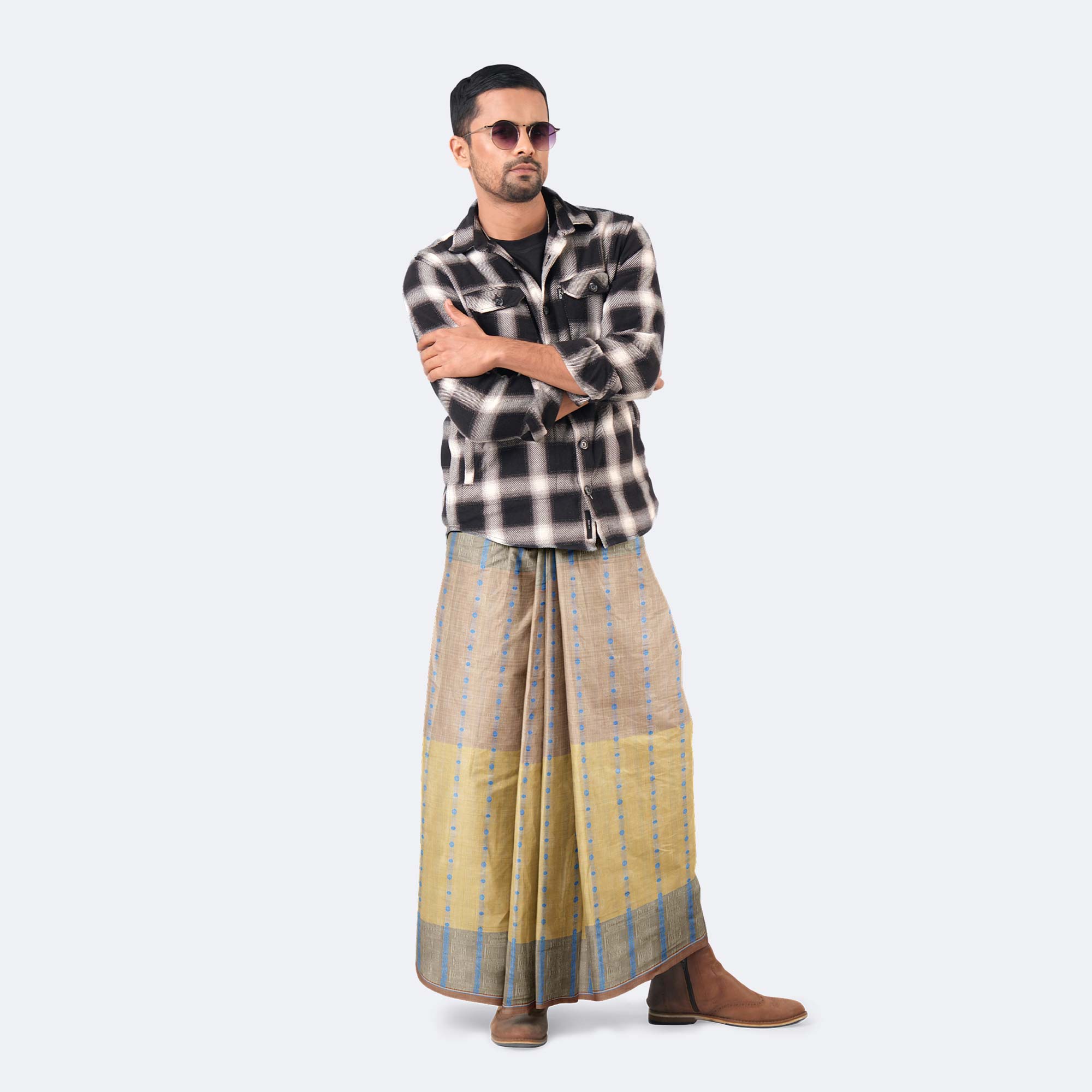 Tan Color Dobby Design 100 % Cotton Lungi - Excellent