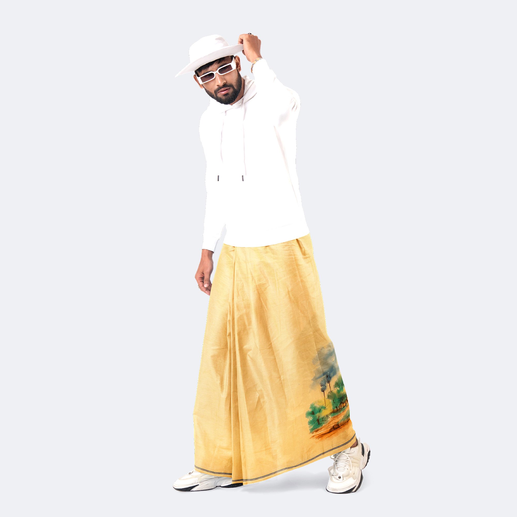 Hand-Painted Village Scene Lungi - Latest