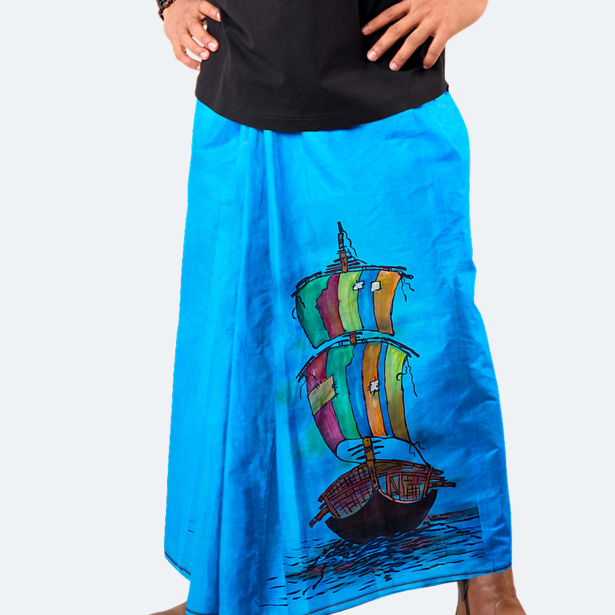 Hand-Painted Sailboat Design Lungi - Latest