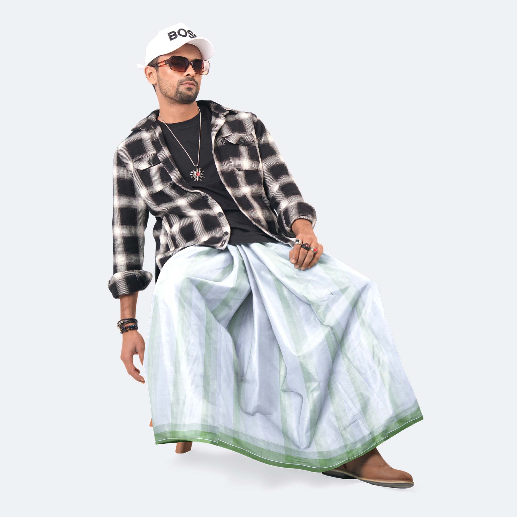 white color Cotton Lungi - Moti Mala