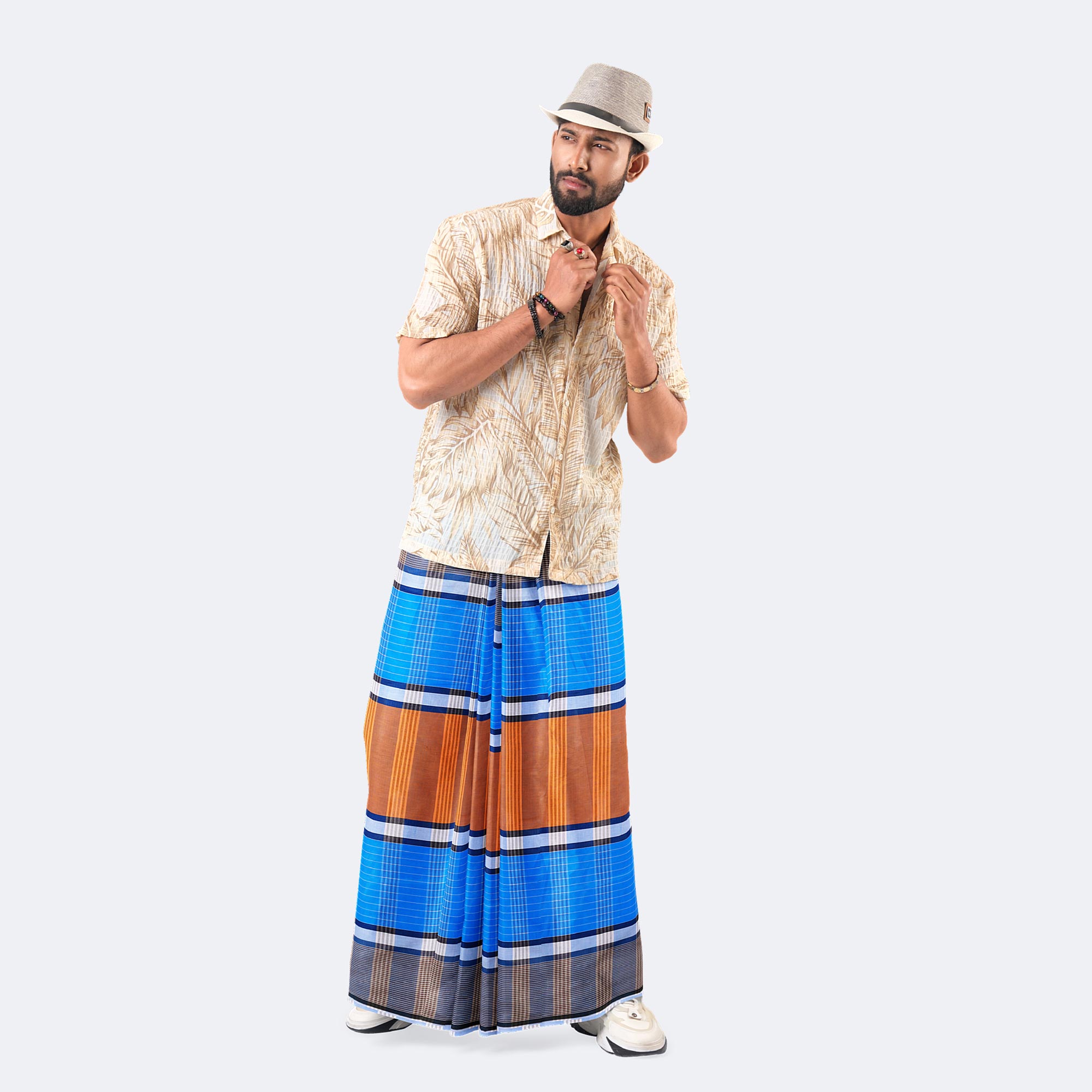 Vibrant Blue & Earthy Tones Cotton Lungi - Torongo
