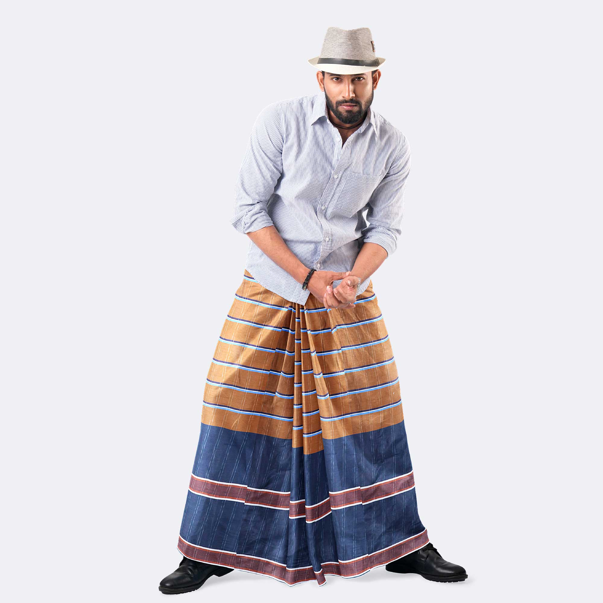 Brown Navy Check Lungi - Showkhin