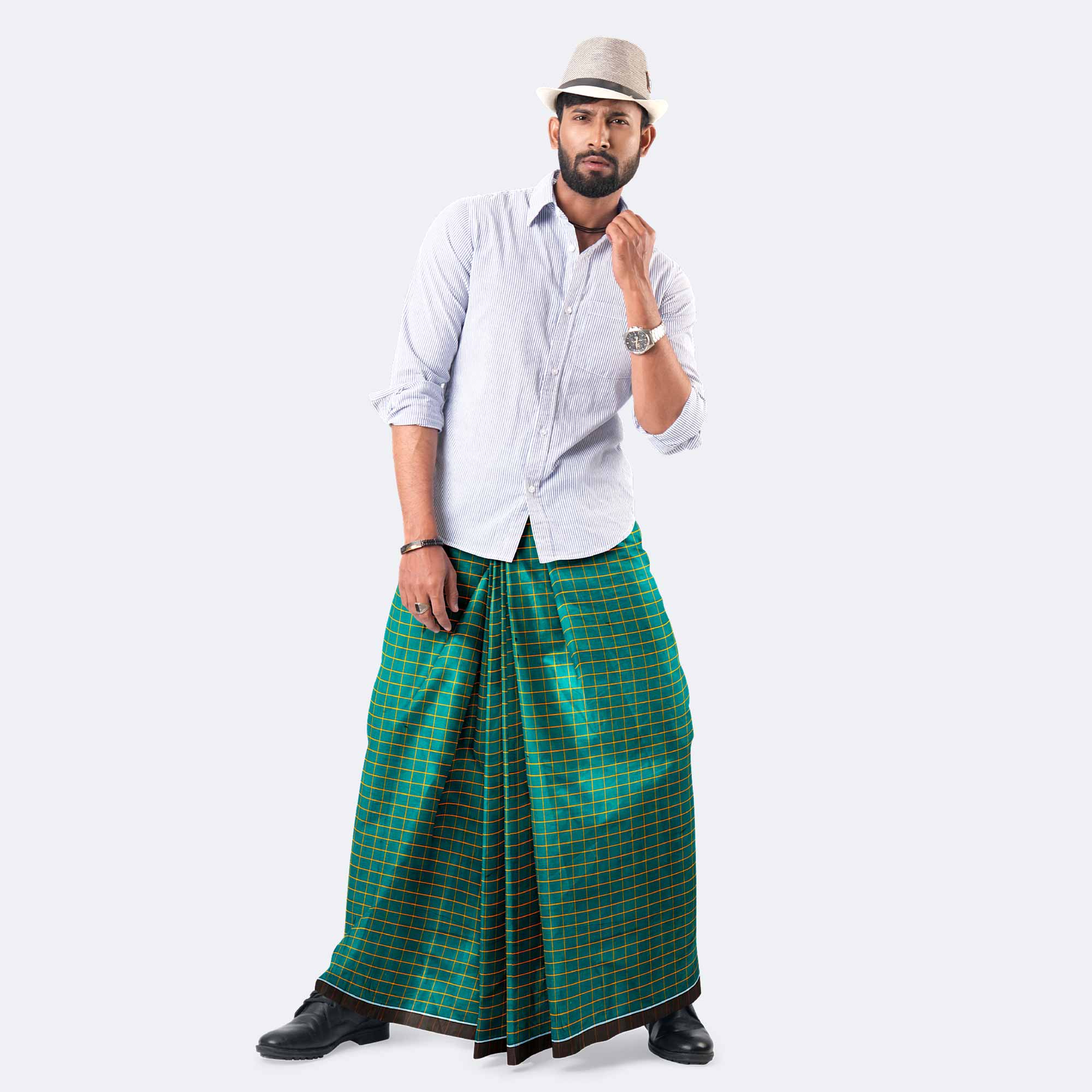 Green Color Stripe & Check Lungi - Showkhin