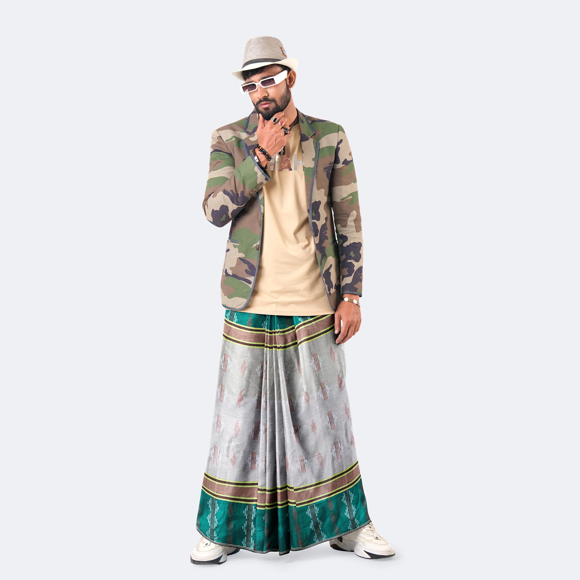 Grey Green Motif Dobby Lungi - Udyog