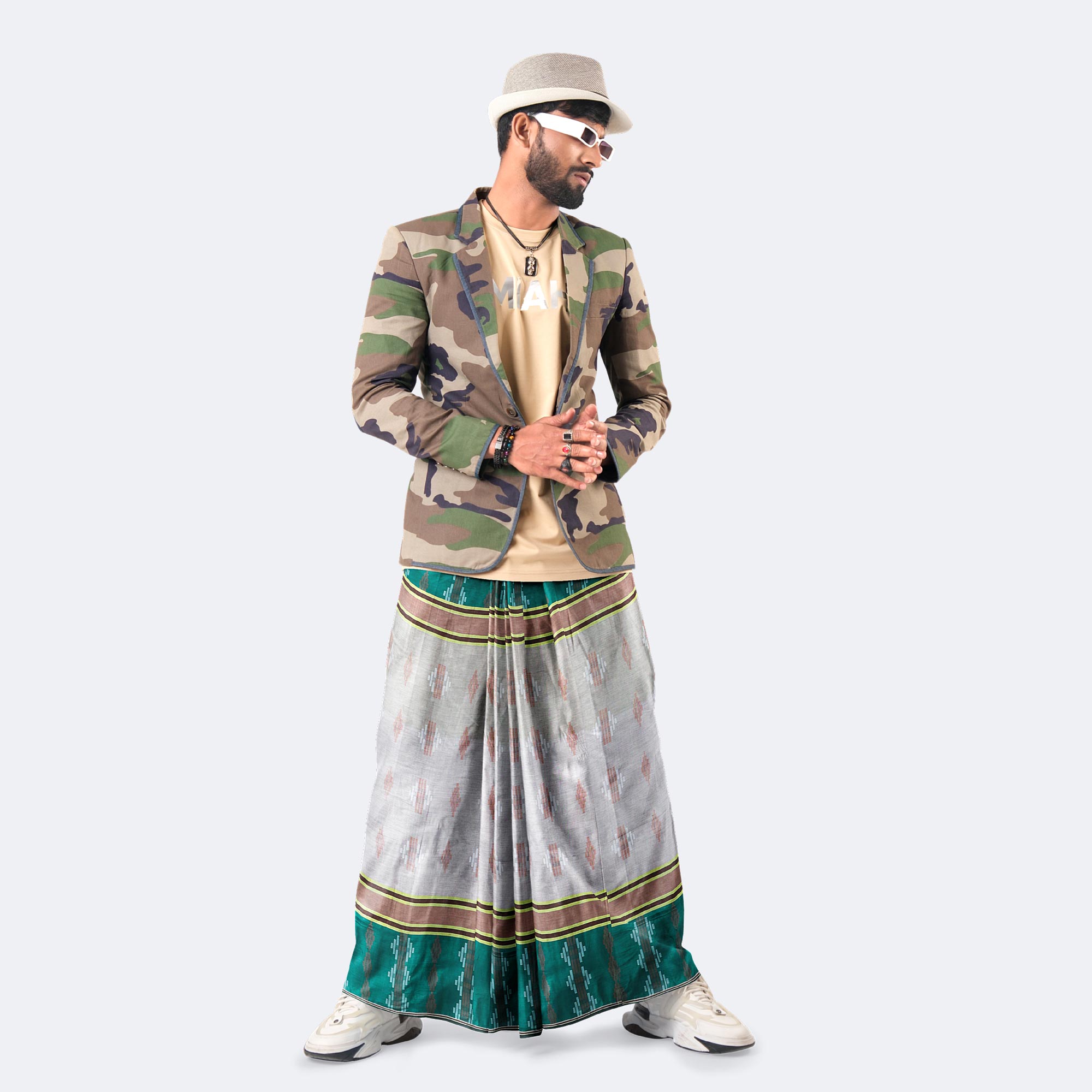 Grey Green Motif Dobby Lungi - Udyog