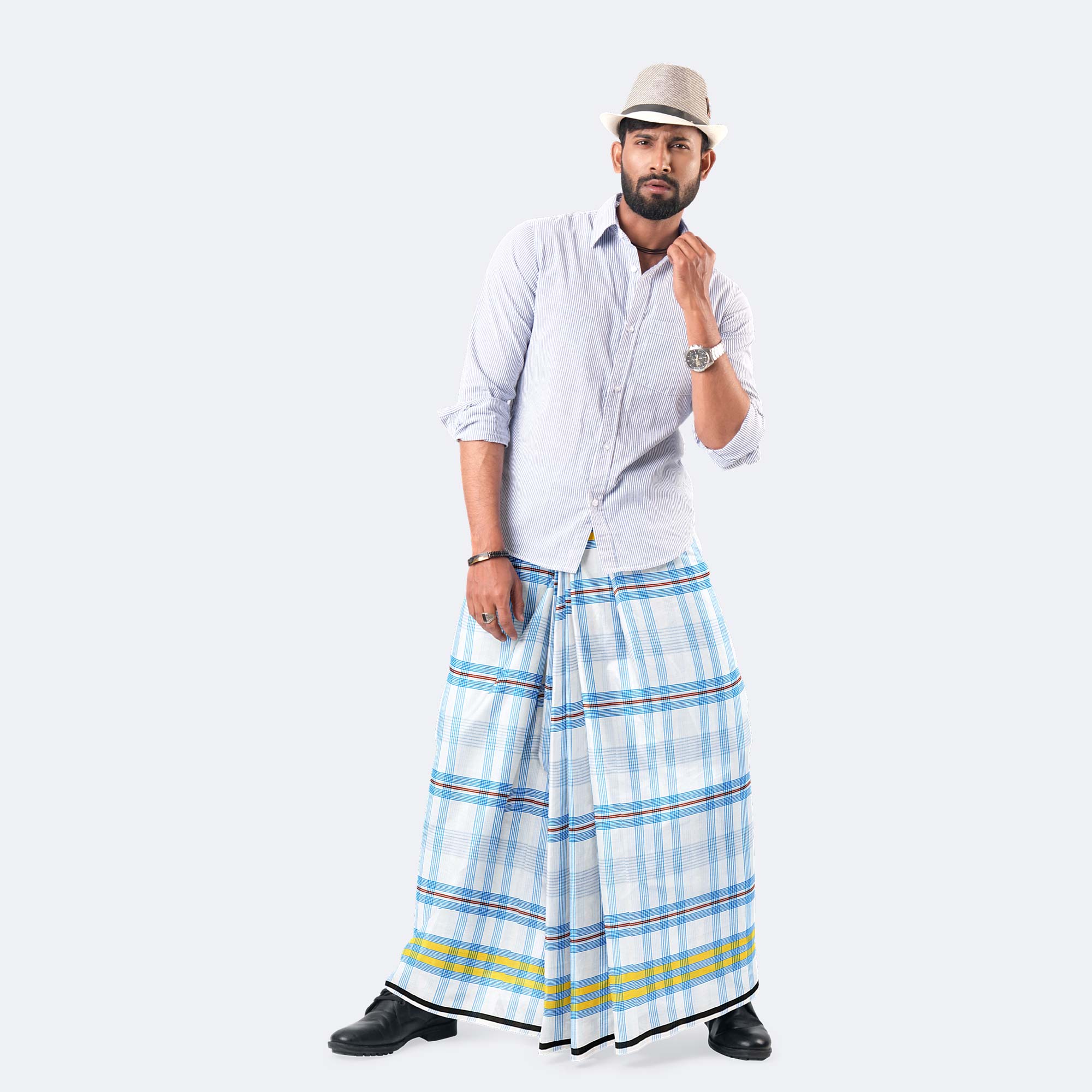 Blue & White Check Cotton Lungi - Zoboraj