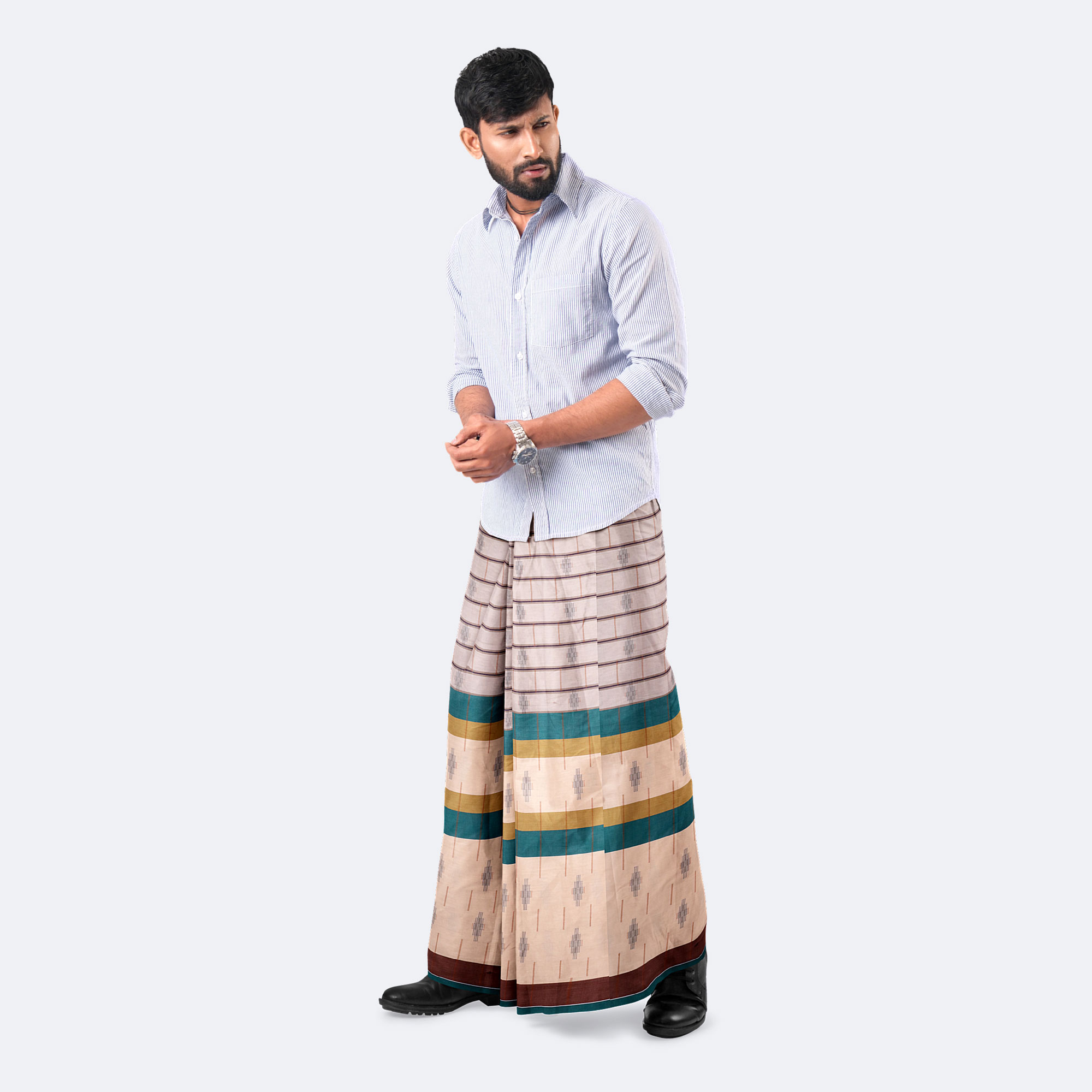 Teal Mustard Broad Border Lungi - Beautiful