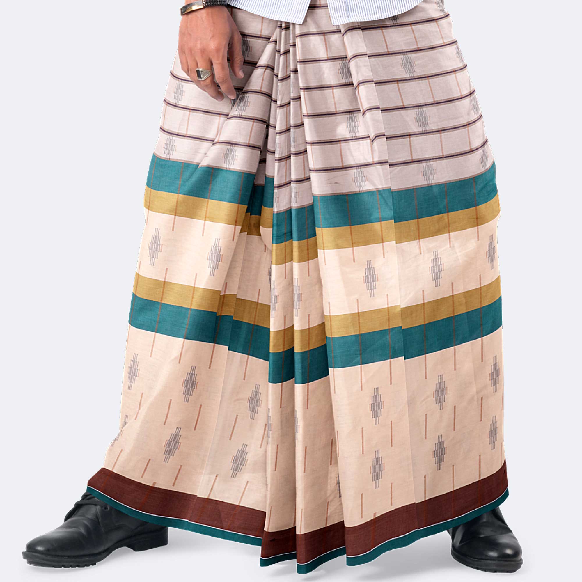Teal Mustard Broad Border Lungi - Beautiful
