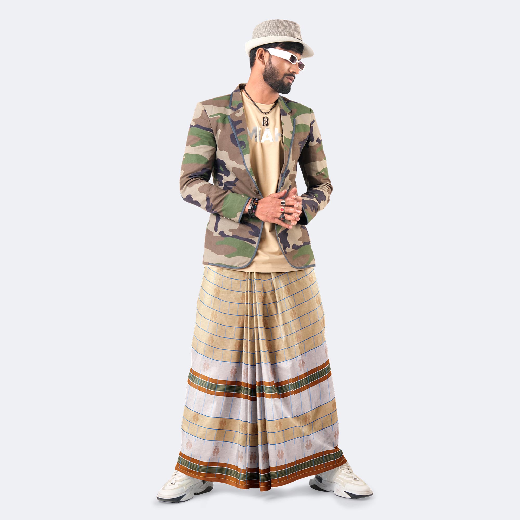 Beige Fine Check Border Lungi - Beautiful
