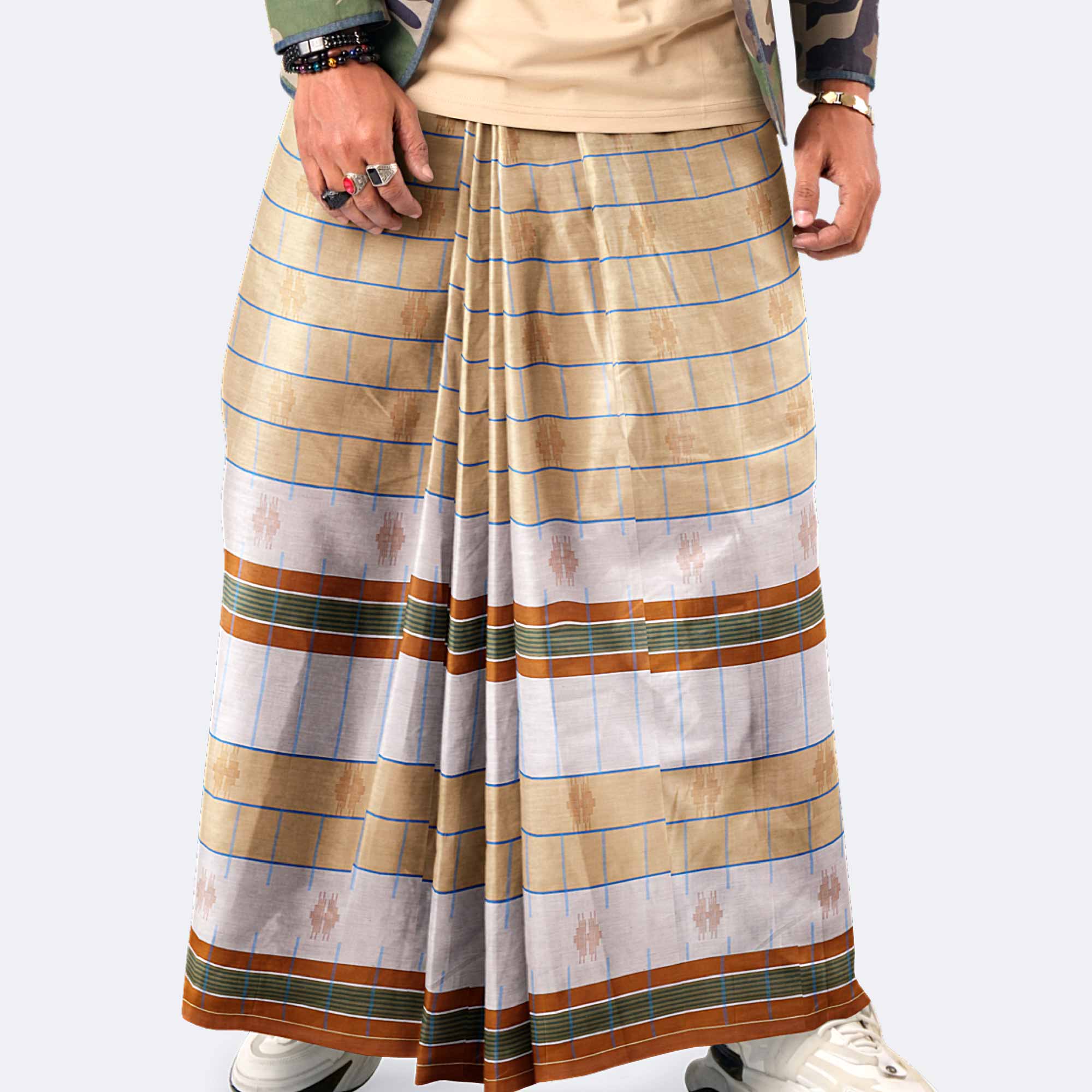 Beige Fine Check Border Lungi - Beautiful