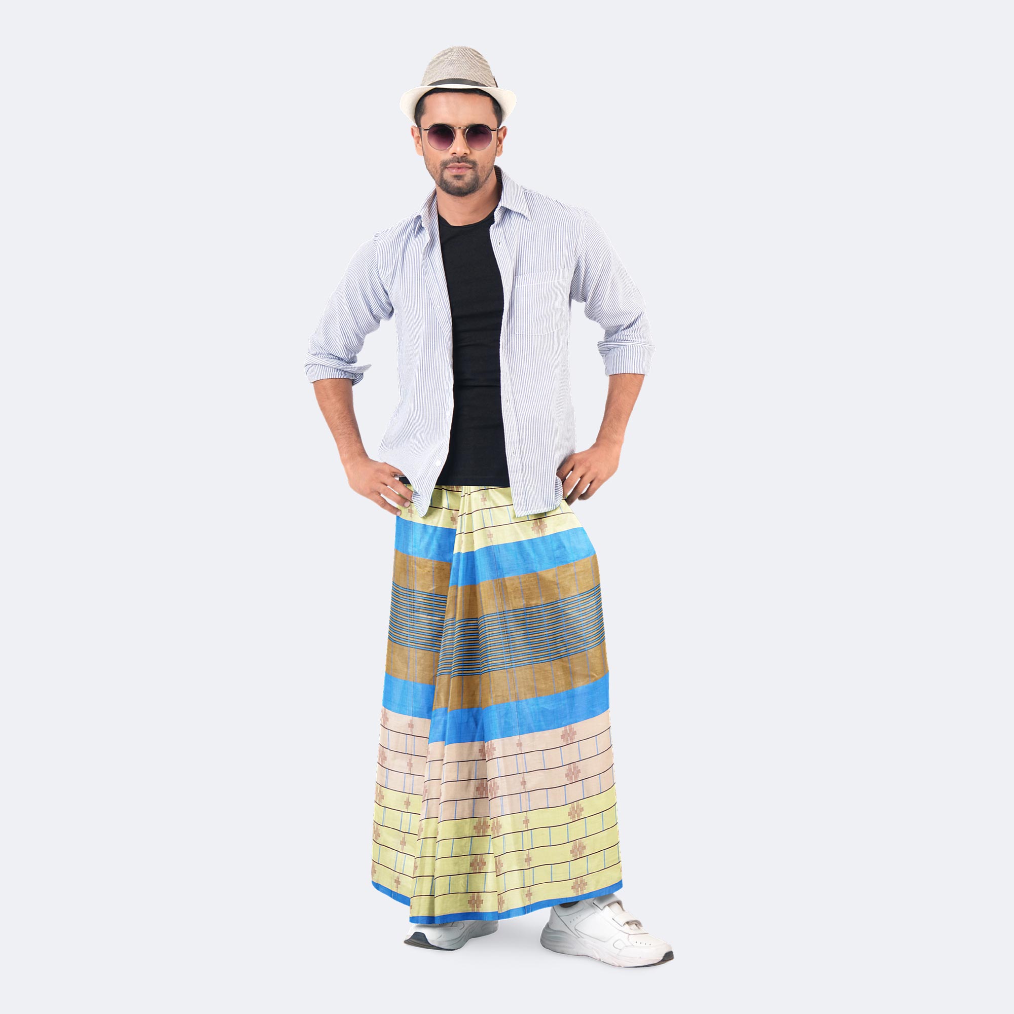 Multi Stripe Blue Border Lungi - Beautiful