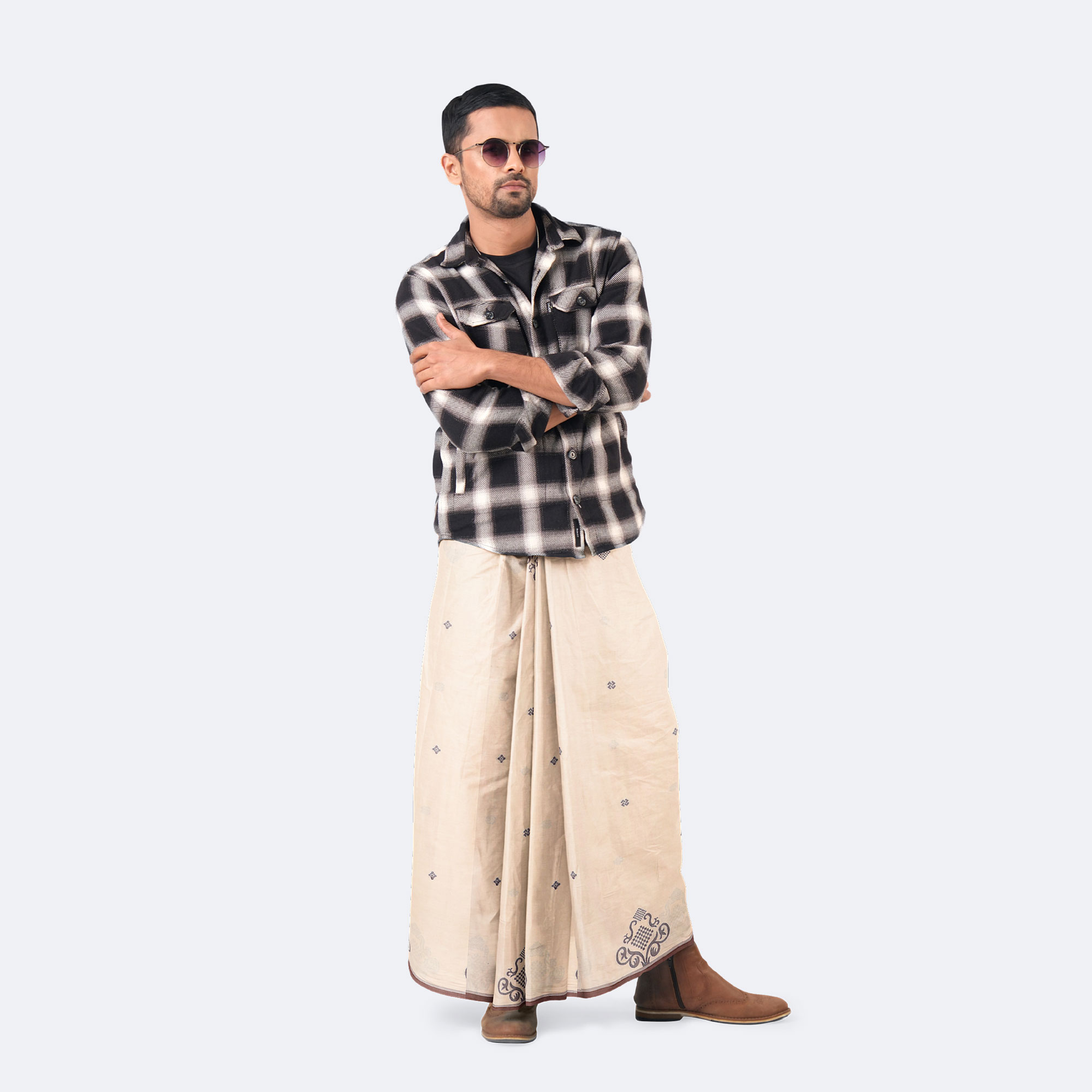 Classic Cream Ethnic Print Lungi - Perfect