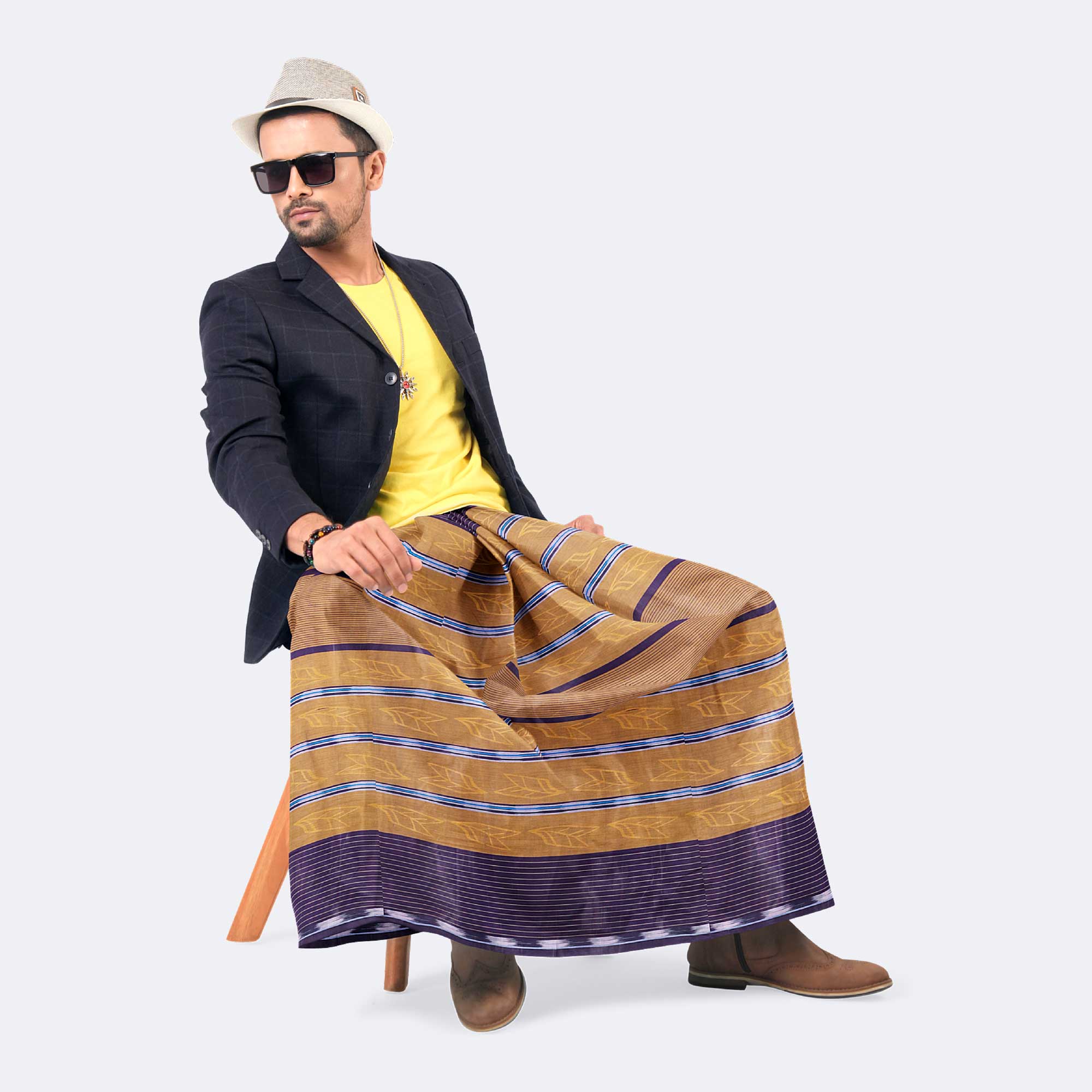 Beige Contrast Border Lungi – Prachurjo