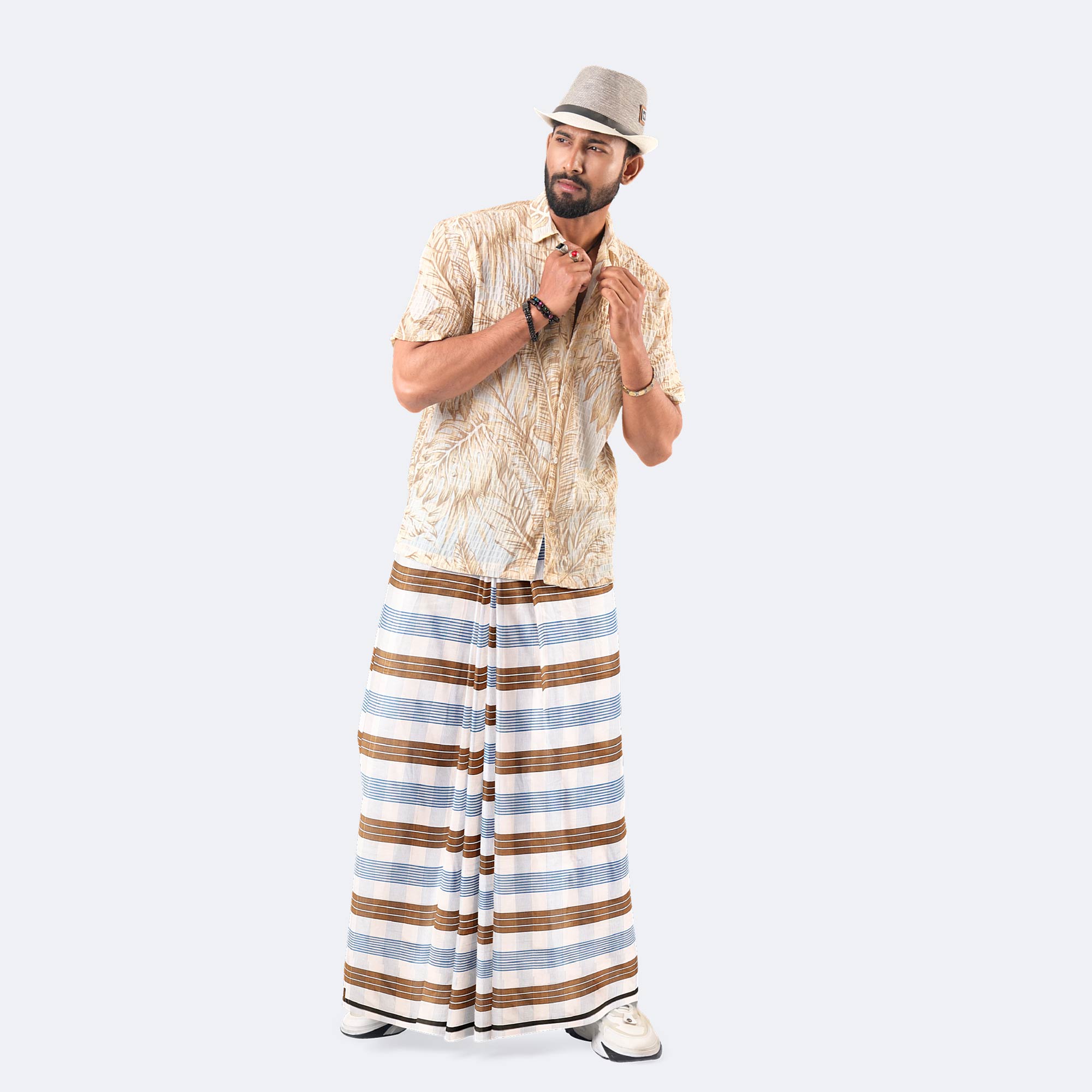 Classic White Check & Stripe Lungi - Saz Bilash