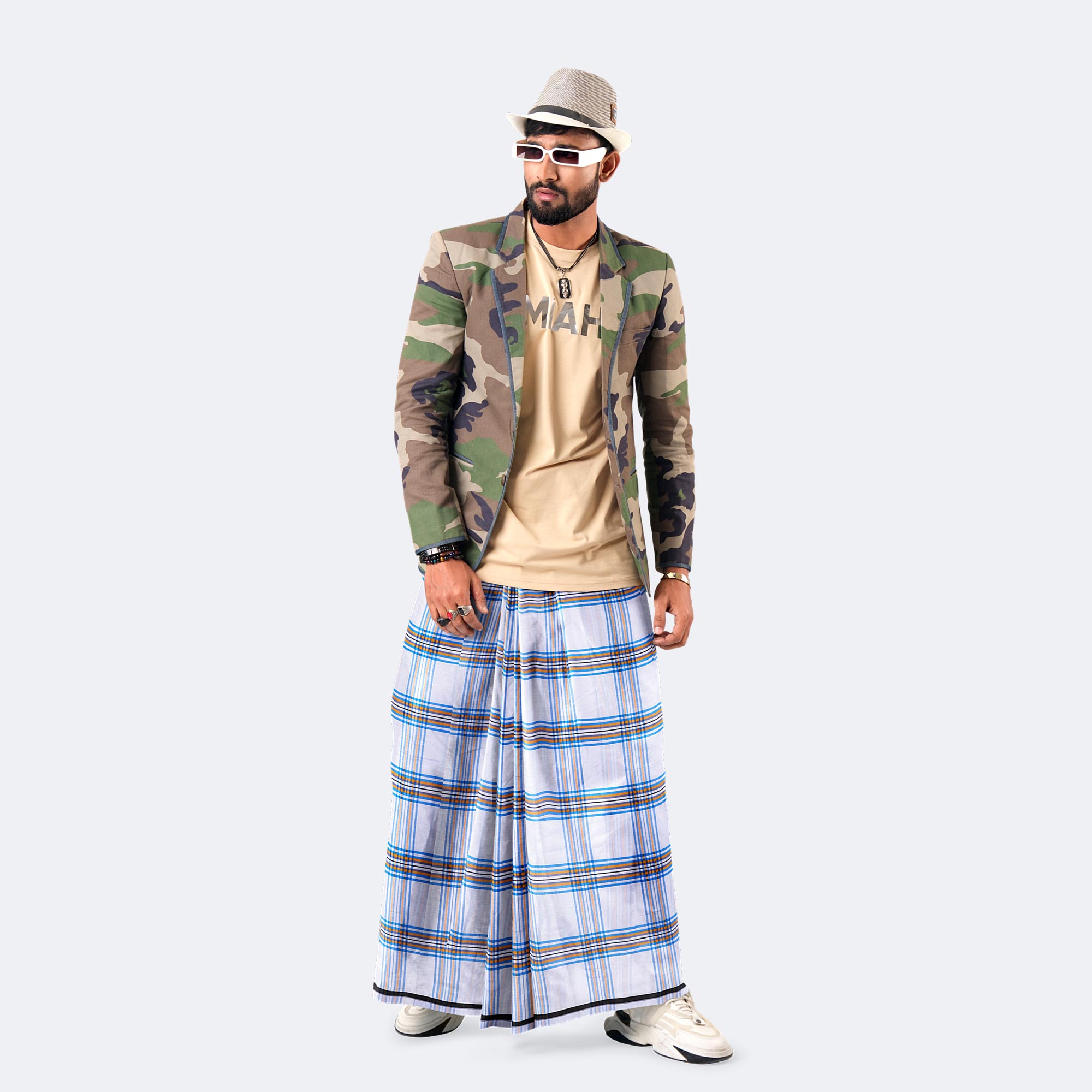 Classic White & Blue Check Lungi - Showkhin