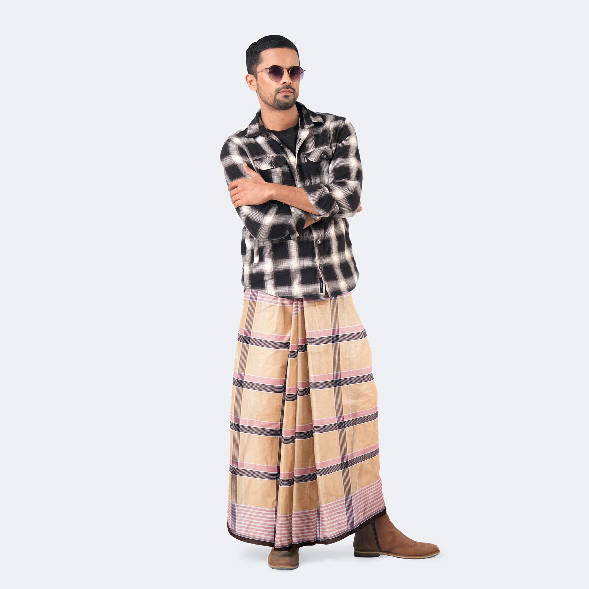 Beige & Blue Check Lungi – Showkhin