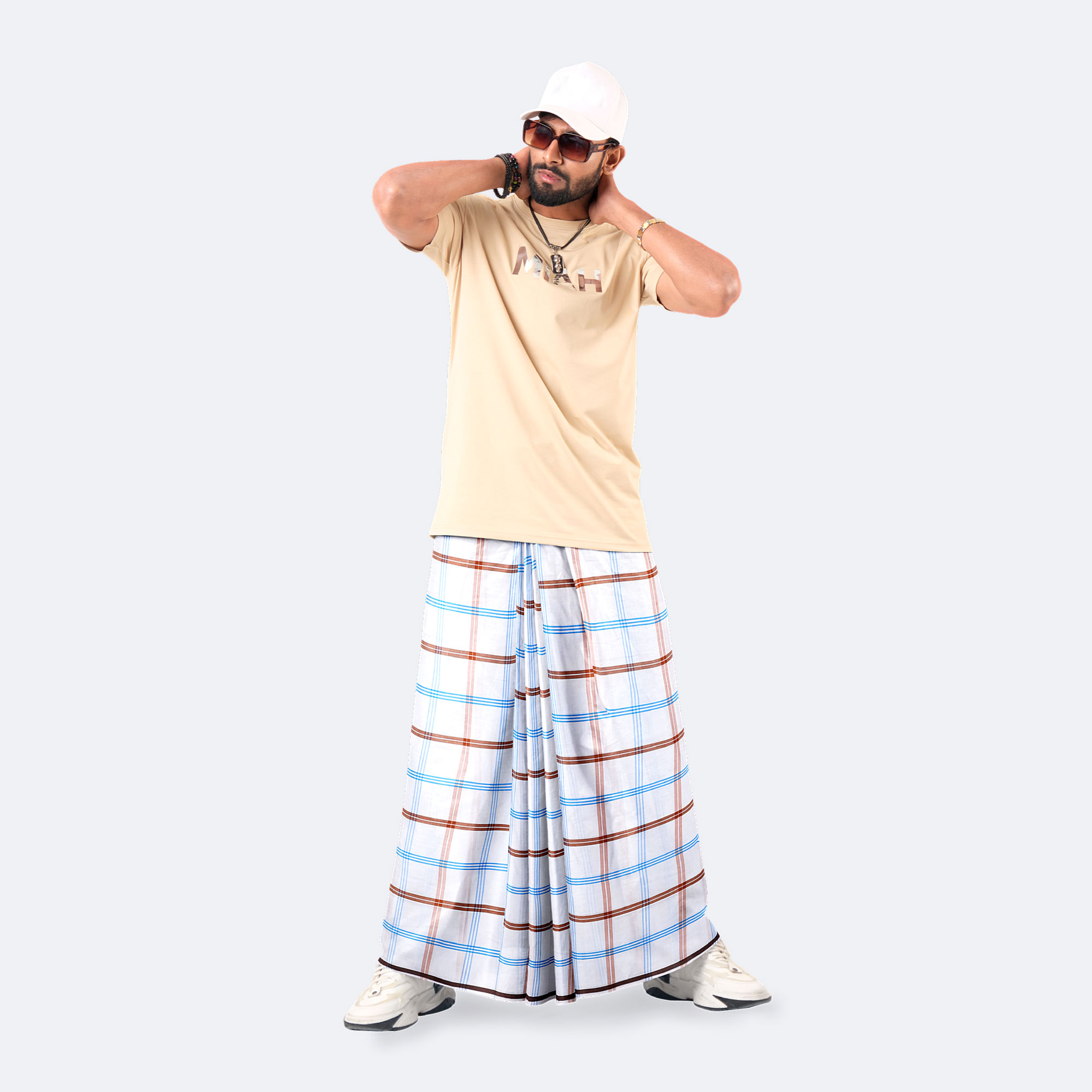 Classic White & Blue Check Lungi – Showkhin