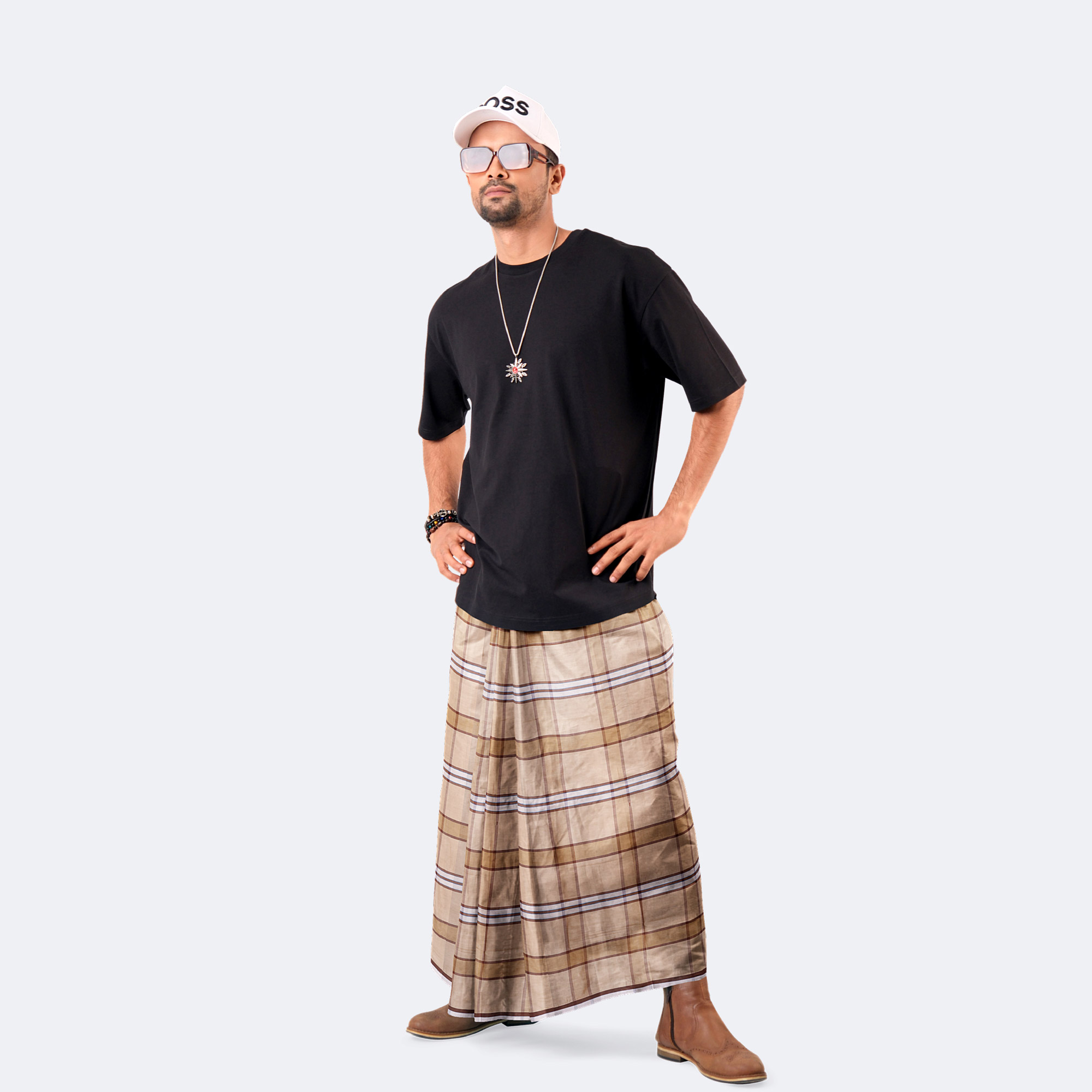 Trendy Soft Beige Check Lungi – Showkhin