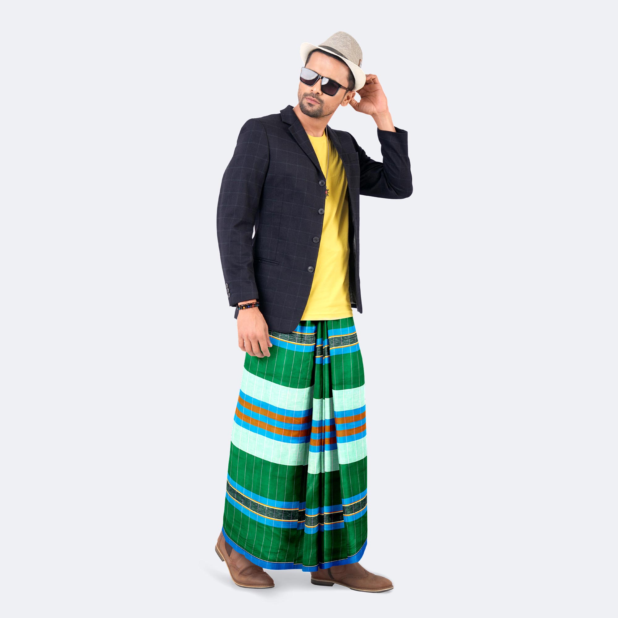 Men's Green & Multicolor Stripes Cotton Lungi - Ashapurno