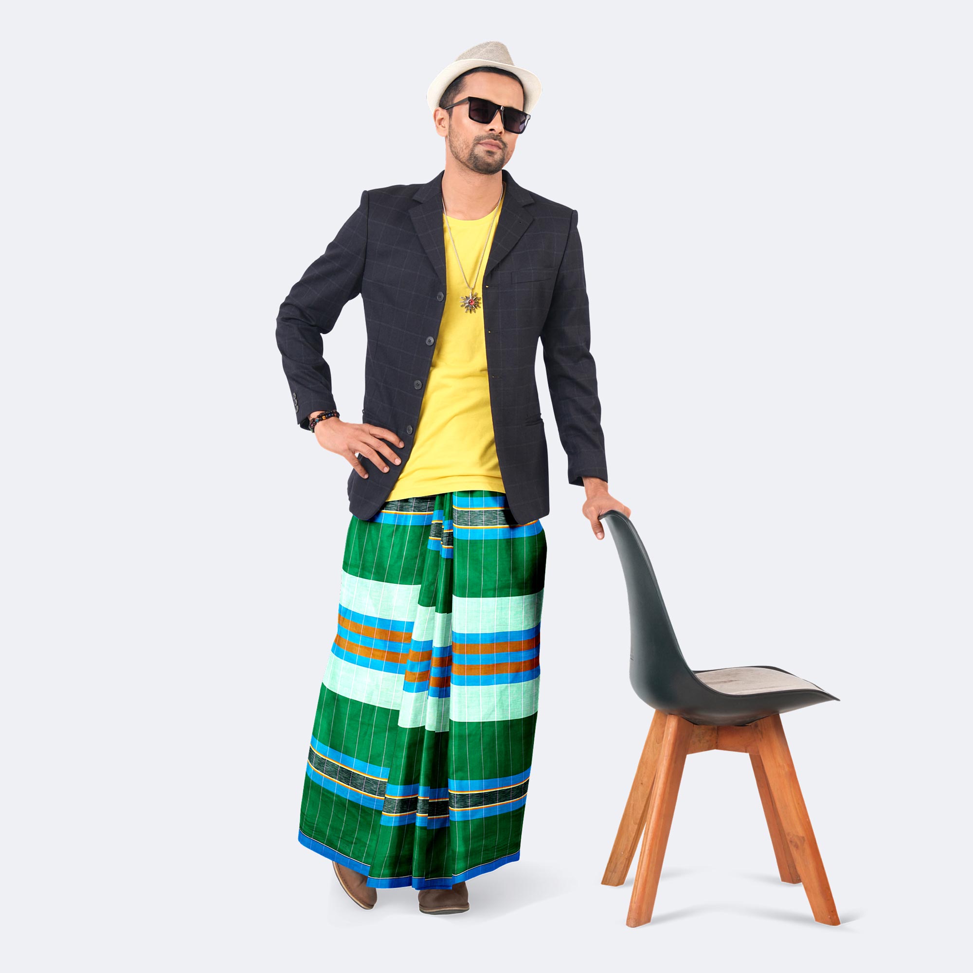 Men's Green & Multicolor Stripes Cotton Lungi - Ashapurno