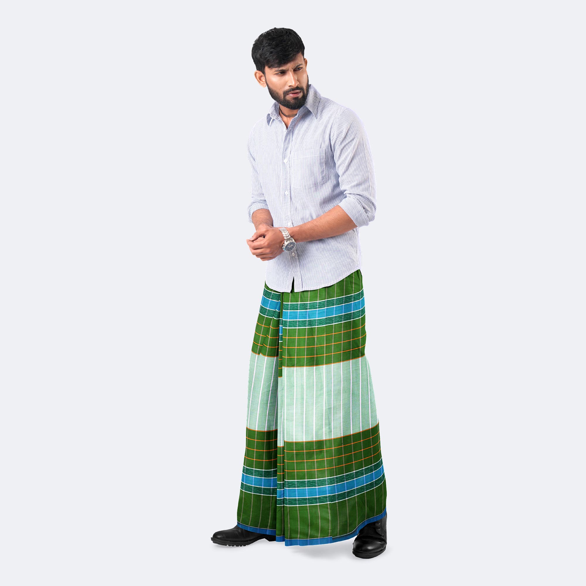 Men’s Green & White Panel-Checked Cotton Lungi - Ashapurno