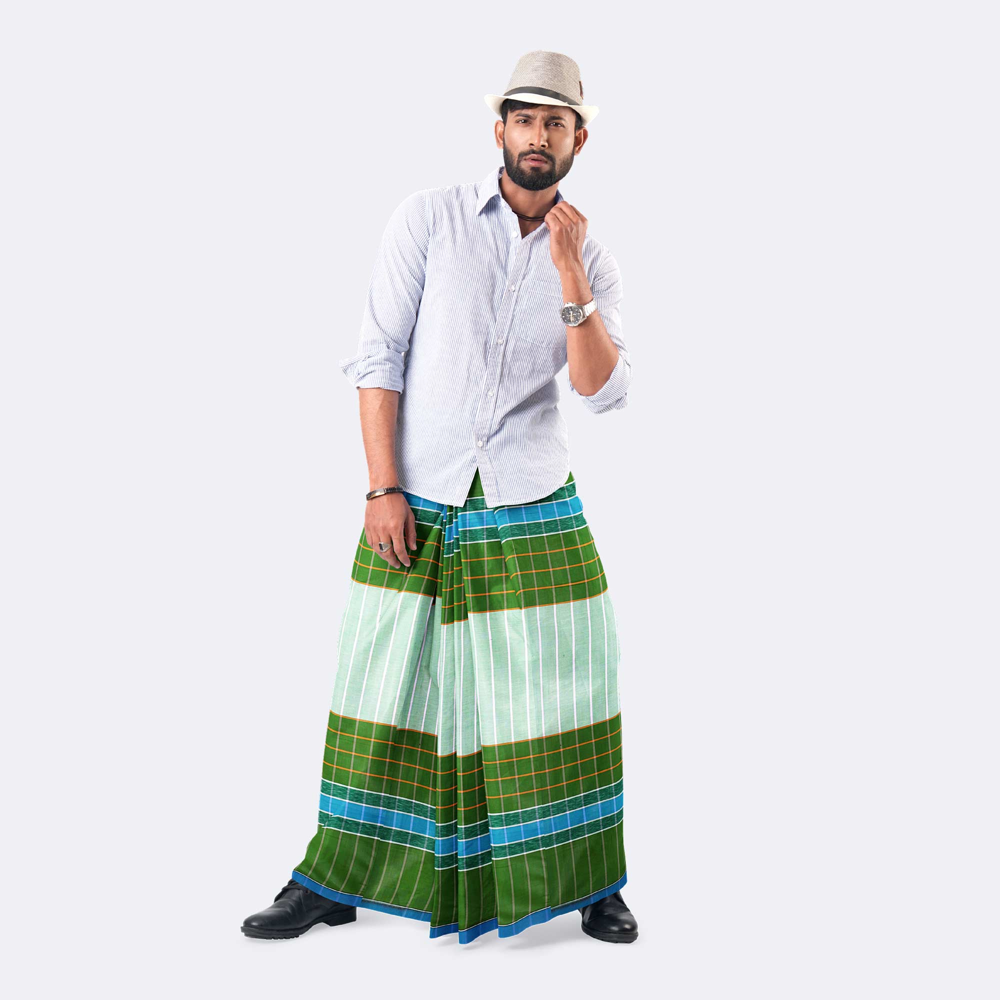 Men’s Green & White Panel-Checked Cotton Lungi - Ashapurno