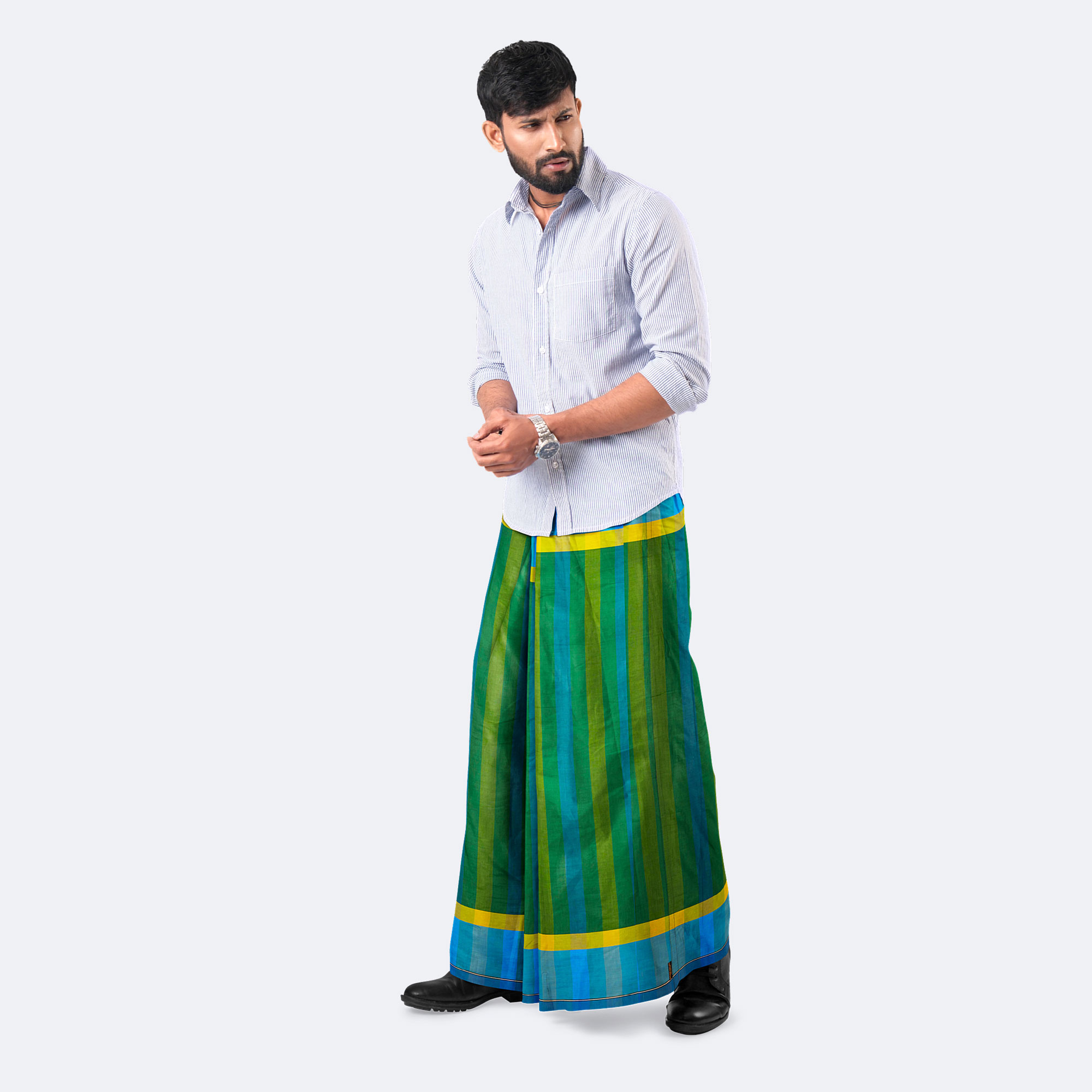 Men’s Green & Blue Striped Cotton Lungi - Ashapurno