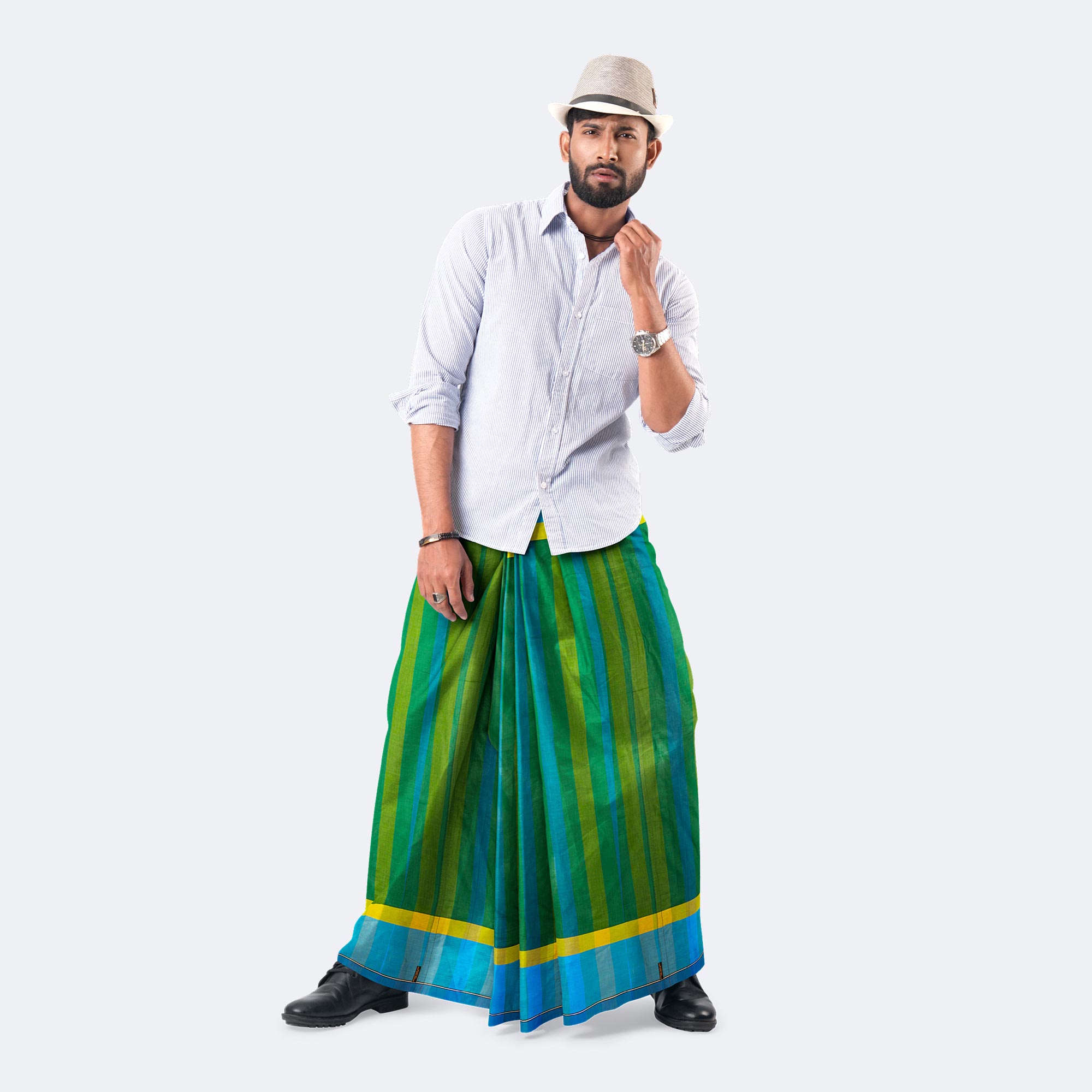 Men’s Green & Blue Striped Cotton Lungi - Ashapurno