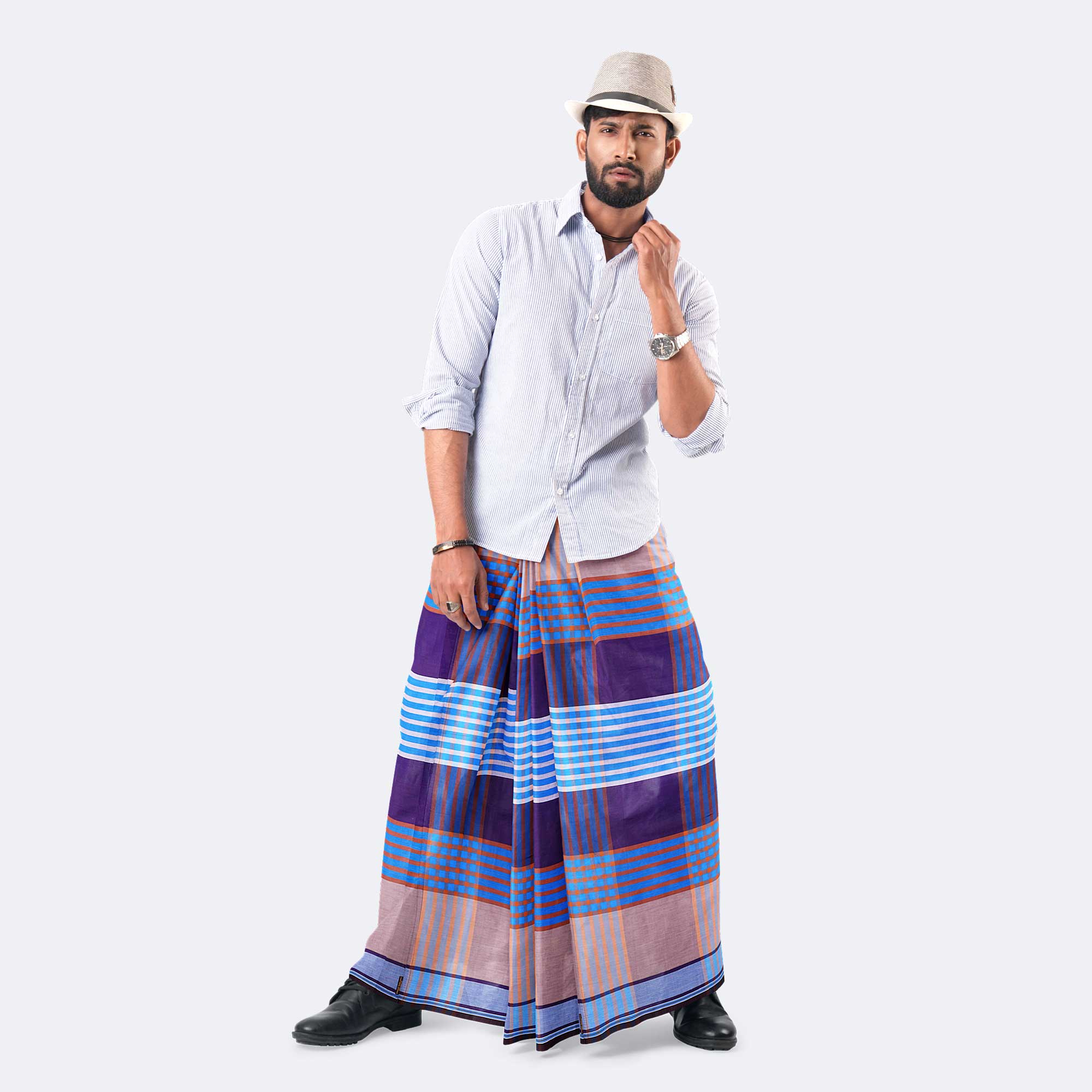 Men's Stripe & Check Multicolor Lungi  - Showkhin