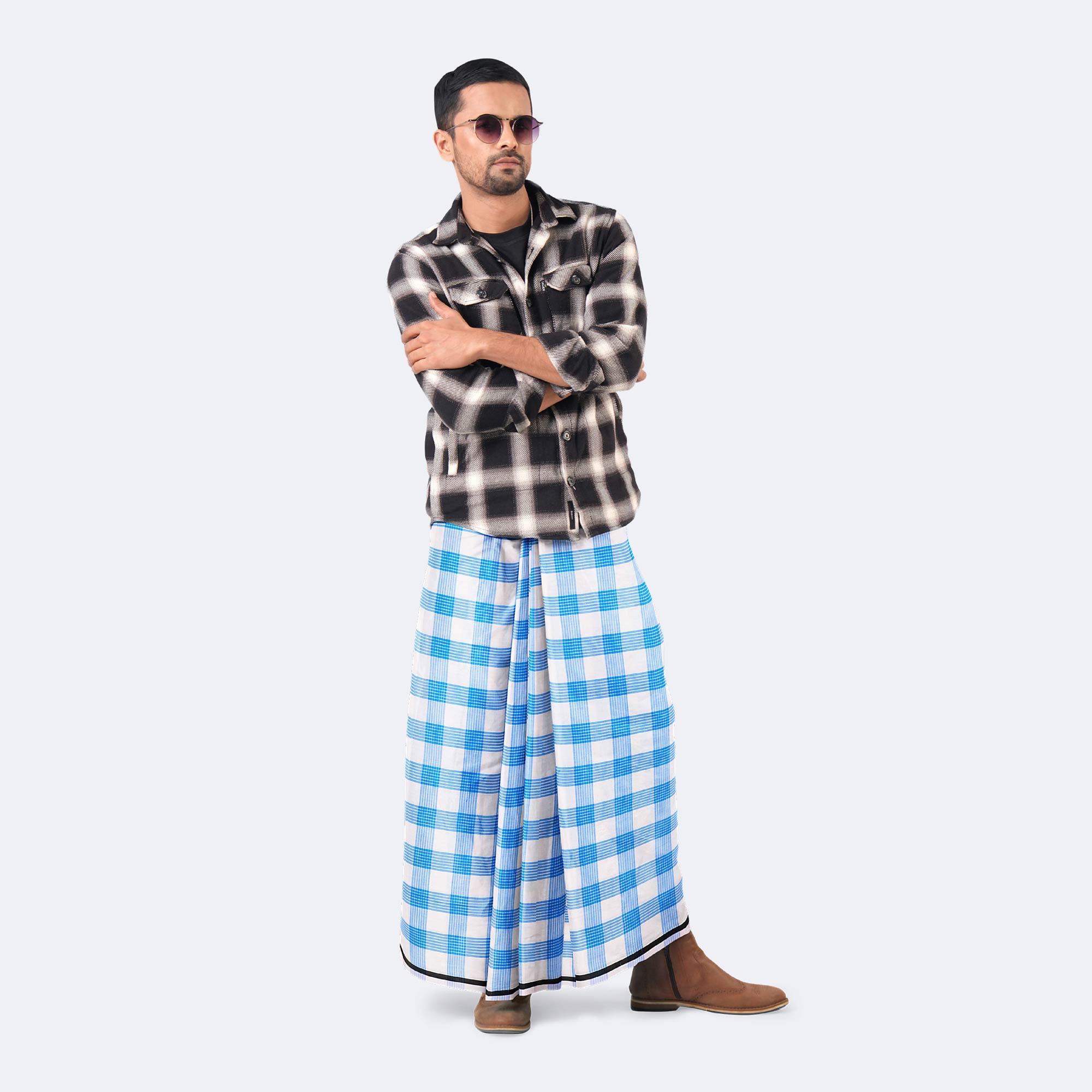 Men's Stripe & Check White Lungi - Showkhin